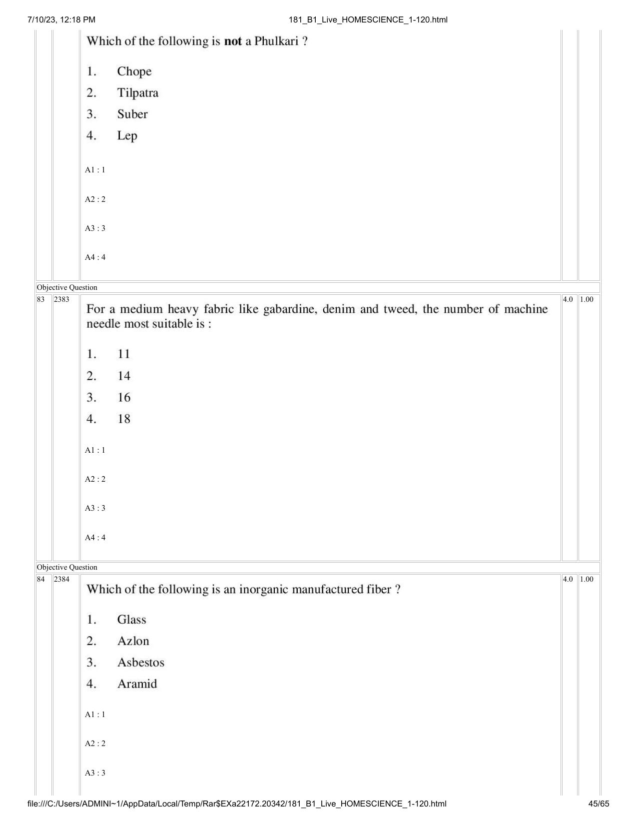 ICAR AIEEA PG 2023 HOME SCIENCE Question Paper - Page 45