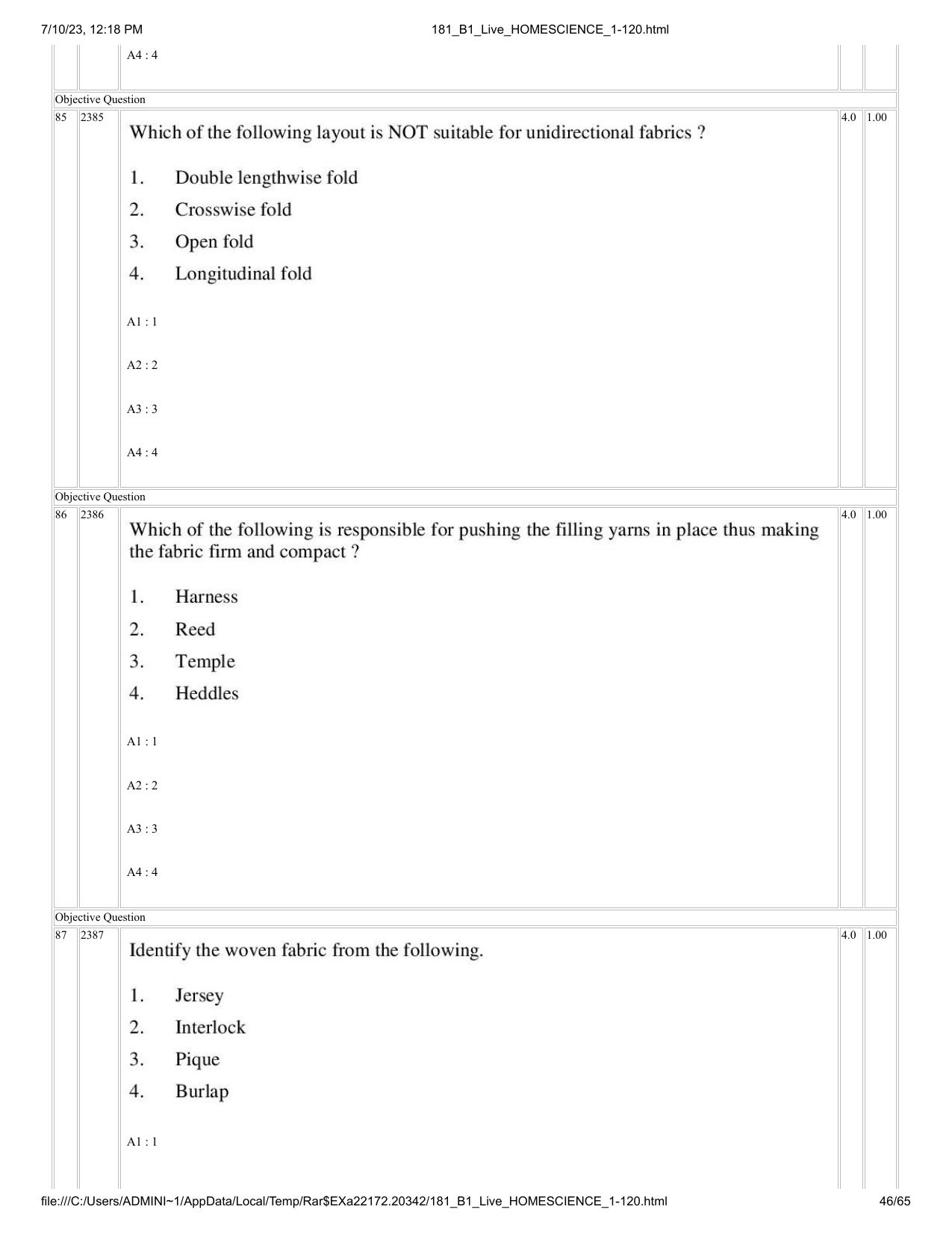 ICAR AIEEA PG 2023 HOME SCIENCE Question Paper - Page 46