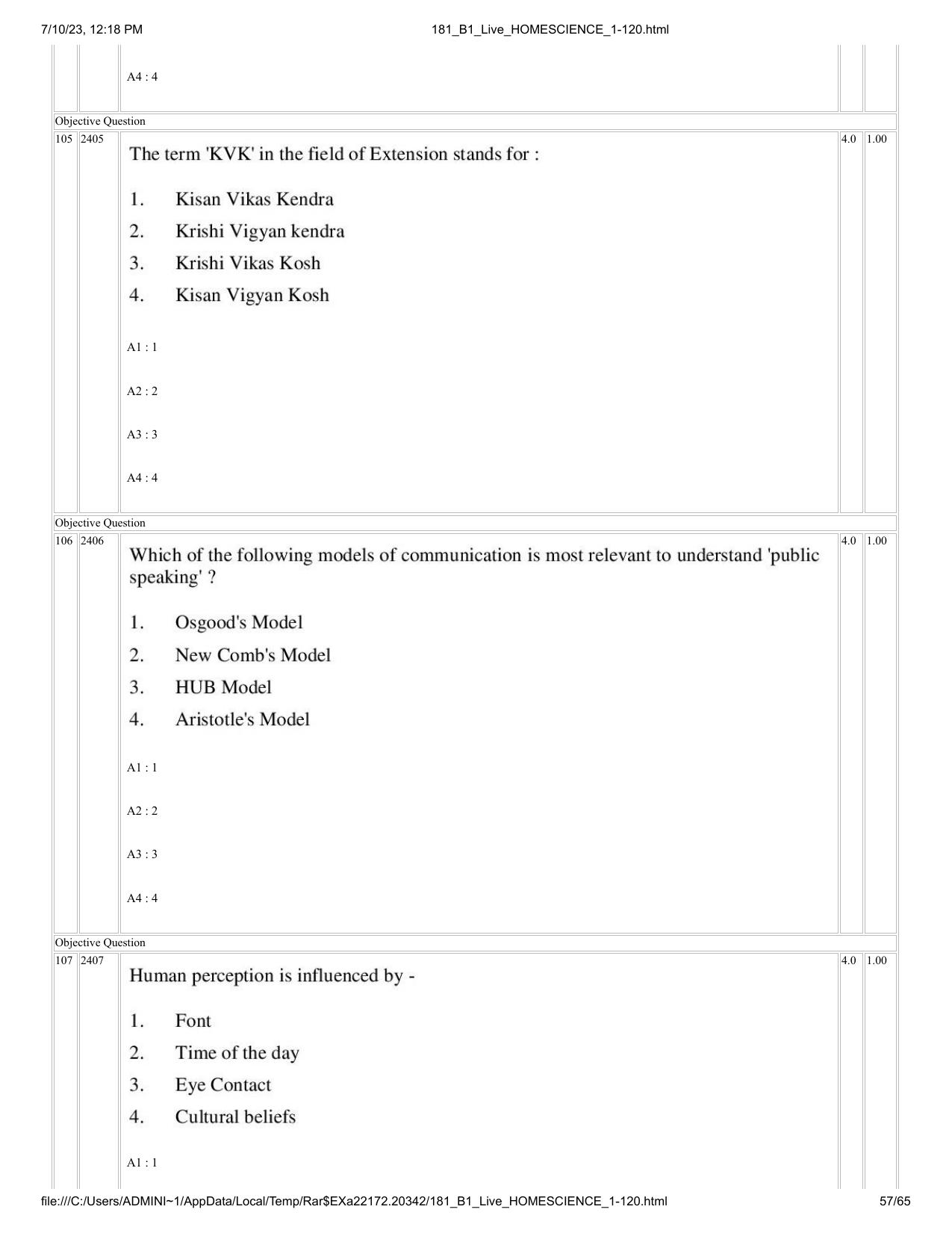 ICAR AIEEA PG 2023 HOME SCIENCE Question Paper - Page 57