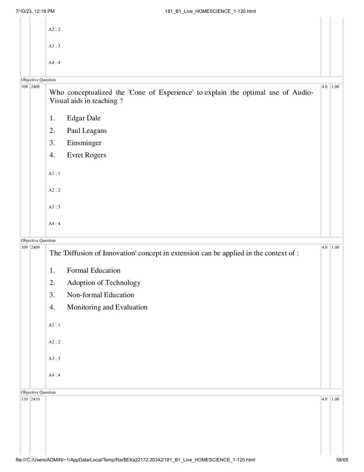 ICAR AIEEA PG 2023 HOME SCIENCE Question Paper - Page 58