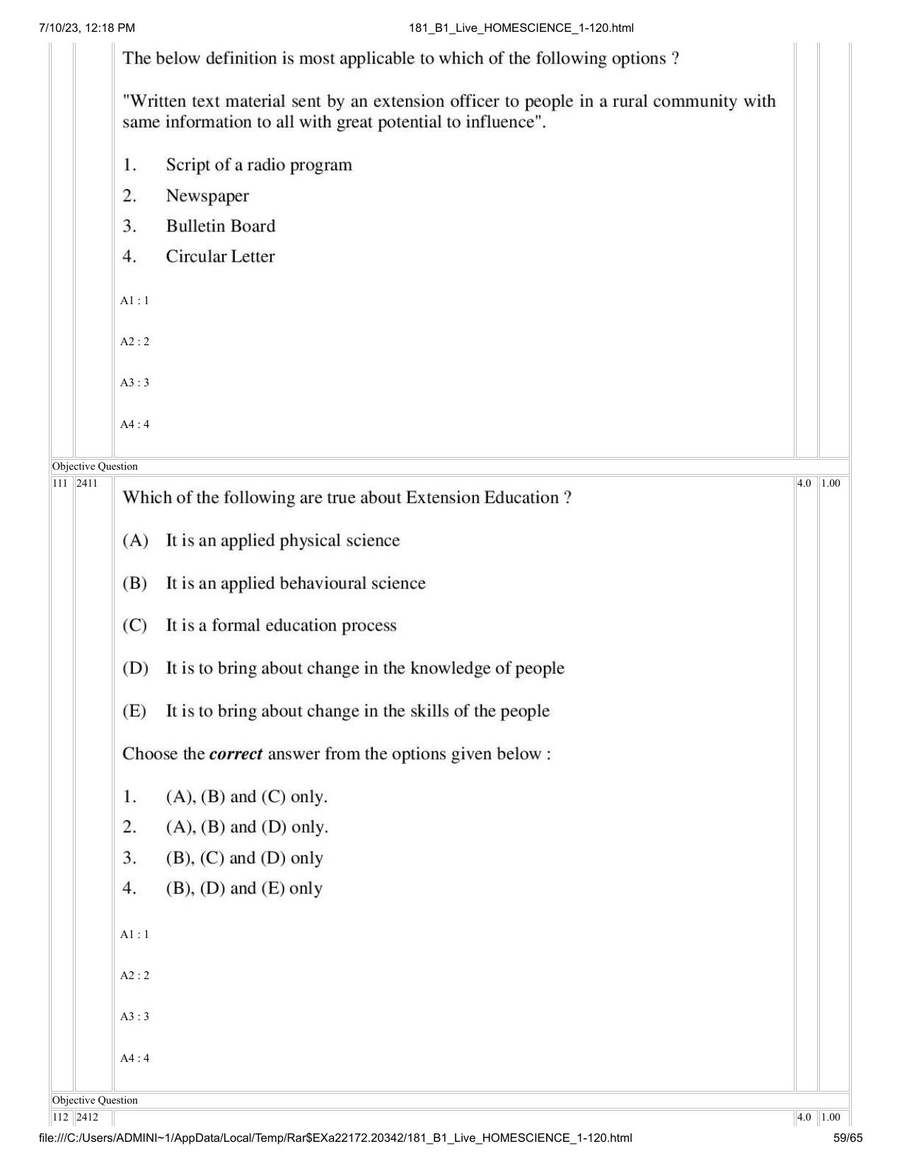 ICAR AIEEA PG 2023 HOME SCIENCE Question Paper - Page 59