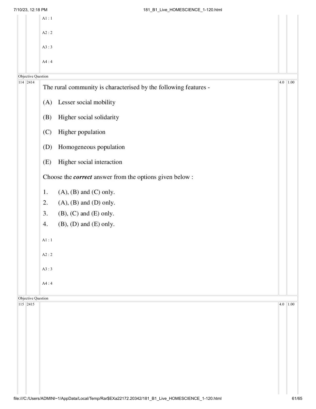ICAR AIEEA PG 2023 HOME SCIENCE Question Paper - Page 61