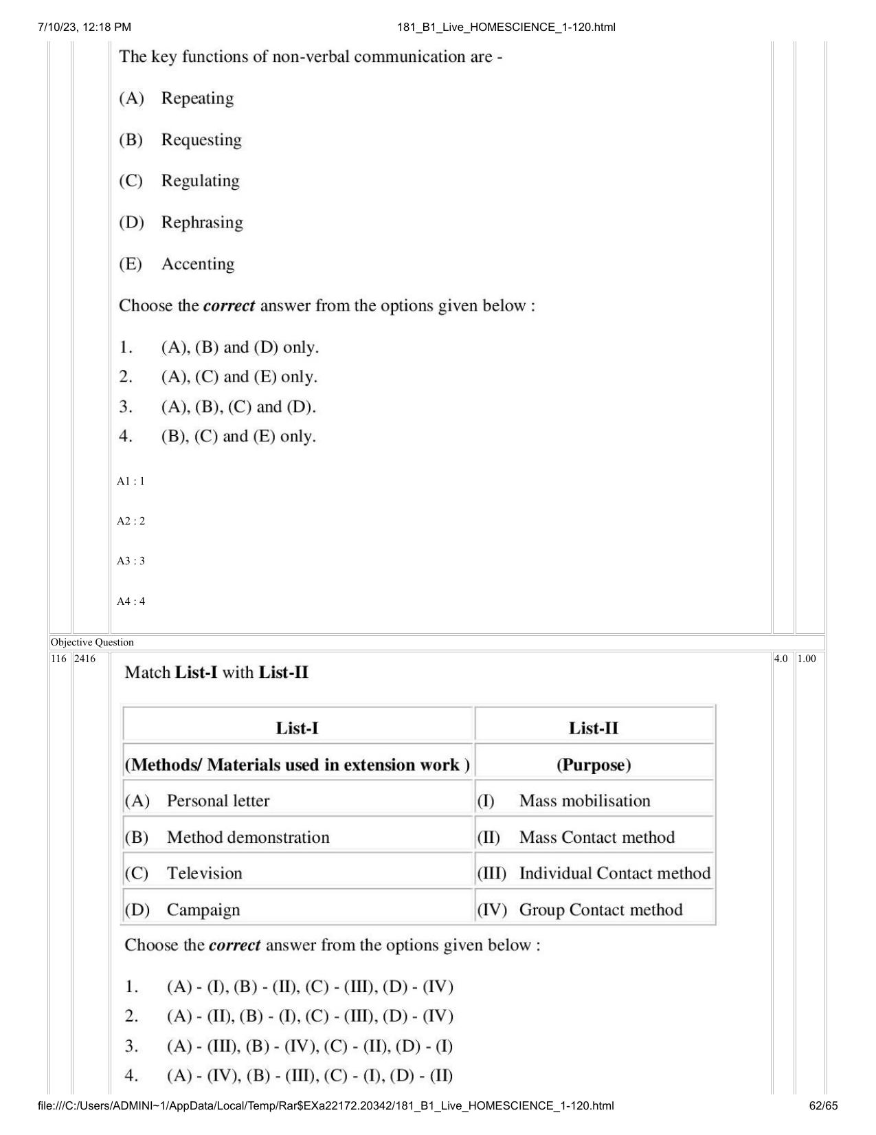 ICAR AIEEA PG 2023 HOME SCIENCE Question Paper - Page 62
