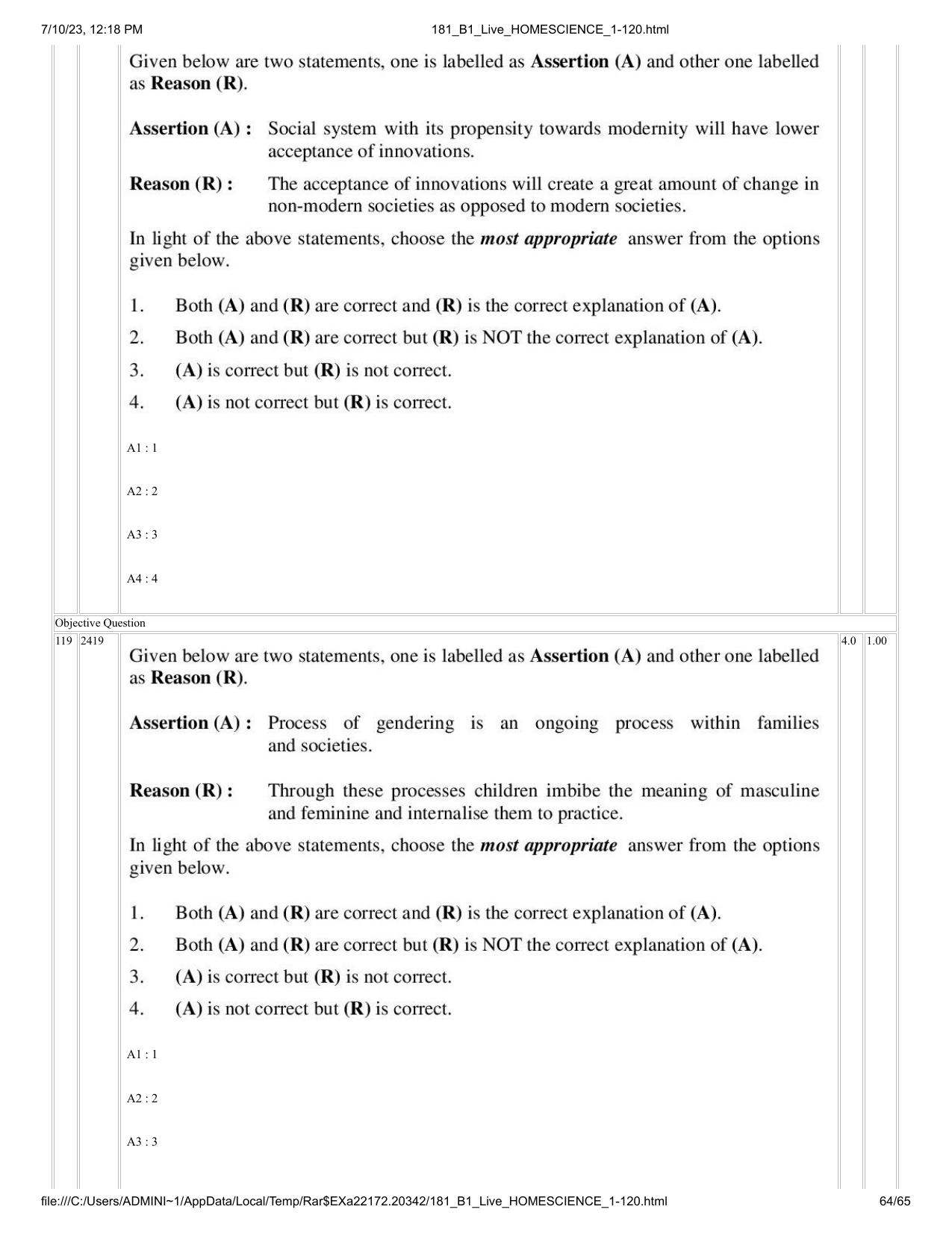 ICAR AIEEA PG 2023 HOME SCIENCE Question Paper - Page 64