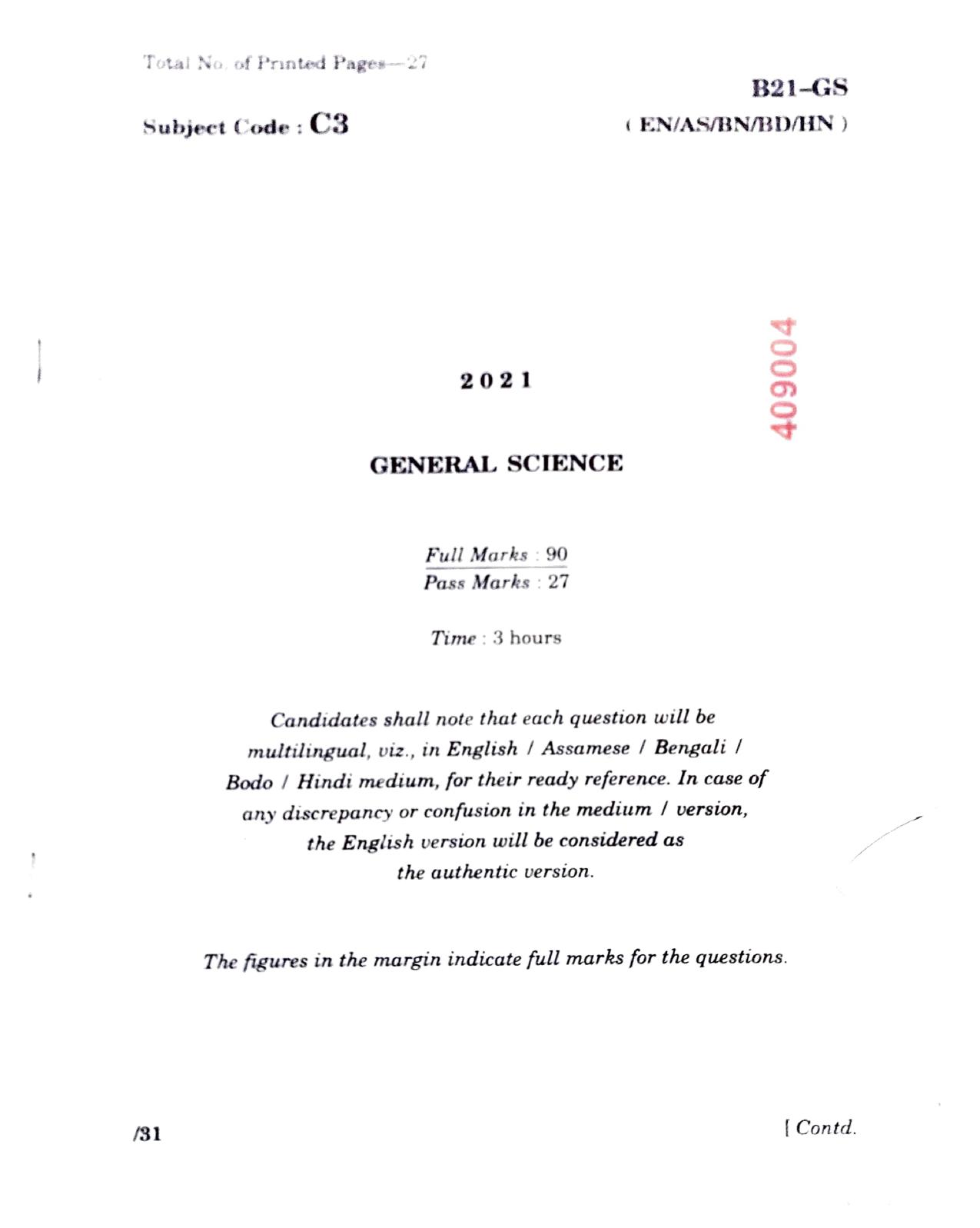 SEBA HSLC General Science Question Paper 2021 - Page 1