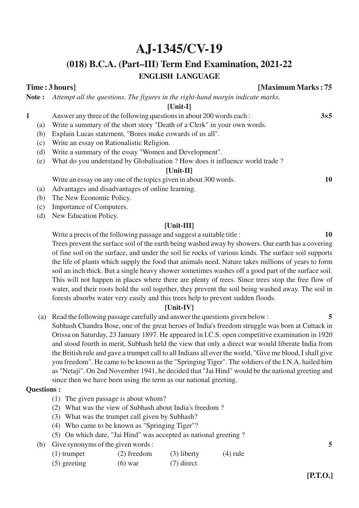 Bilaspur University Question Paper 2021-2022: B.C.A. Part-III (Three) (New Course) FC: English Language Paper 1 - Page 1