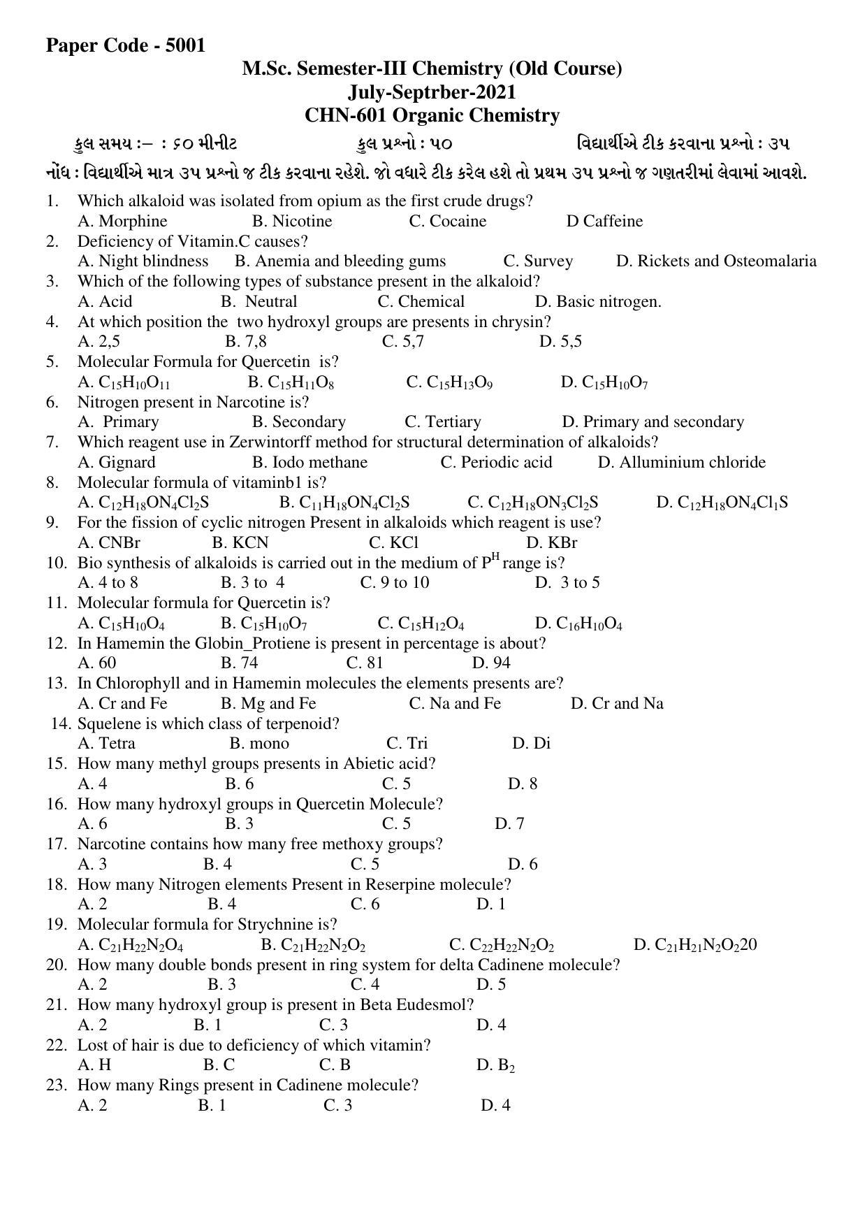 Hemchand North Gujarat University Sample Paper July-Sept 2021: M.Sc. Semester-III CH N-601 Organic Chemistry Paper Code - 5001 (Old Course) - Page 1