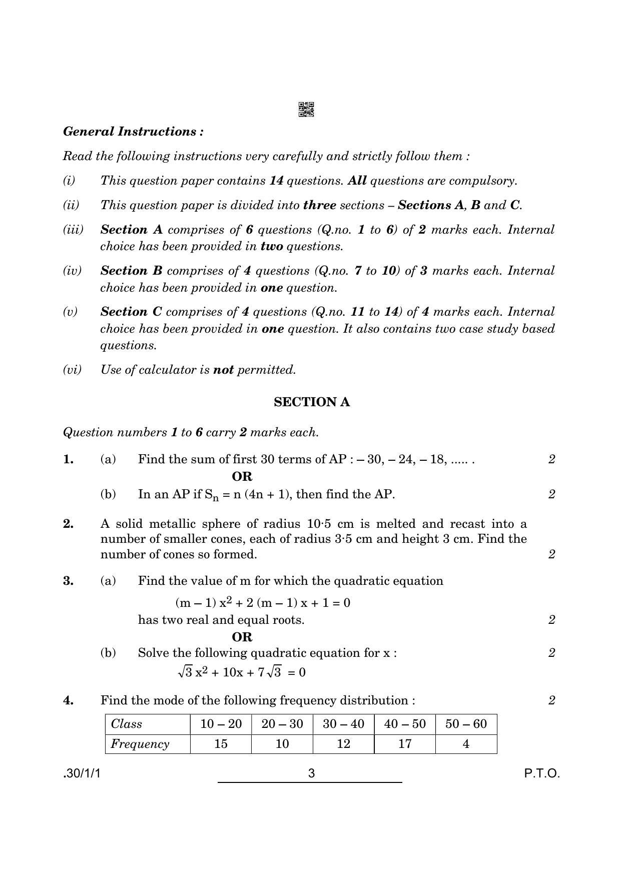 CBSE Class 10 Maths (30/1/1 - SET I) 2022 Question Paper - Page 3