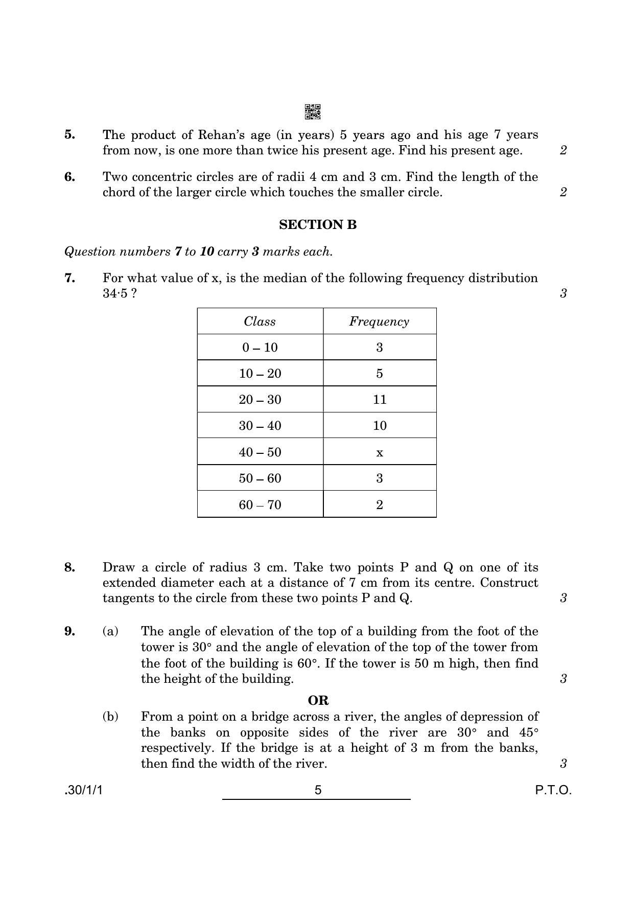CBSE Class 10 Maths (30/1/1 - SET I) 2022 Question Paper - Page 5