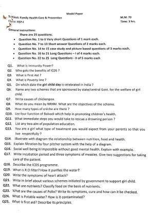 JKBOSE Class 11 Family Health Model Question Paper