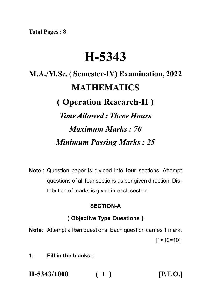 Sarguja University Question Paper July-2022 : M.Sc. In Mathematics (Fourth sem.)Operations Research (II) Paper 1 - Page 1