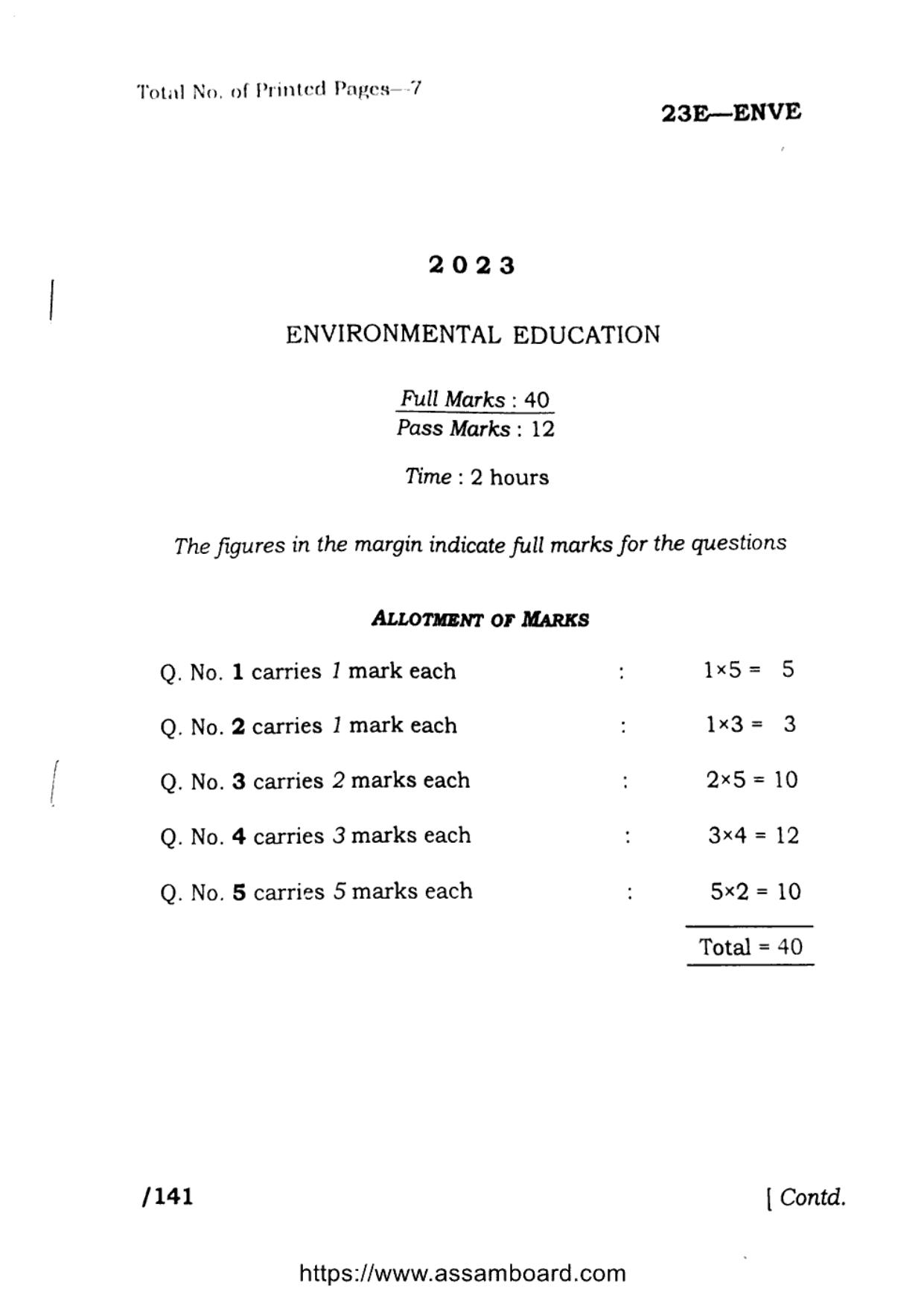 AHSEC Class 11 Environment Education 2023 Question Paper - Page 1
