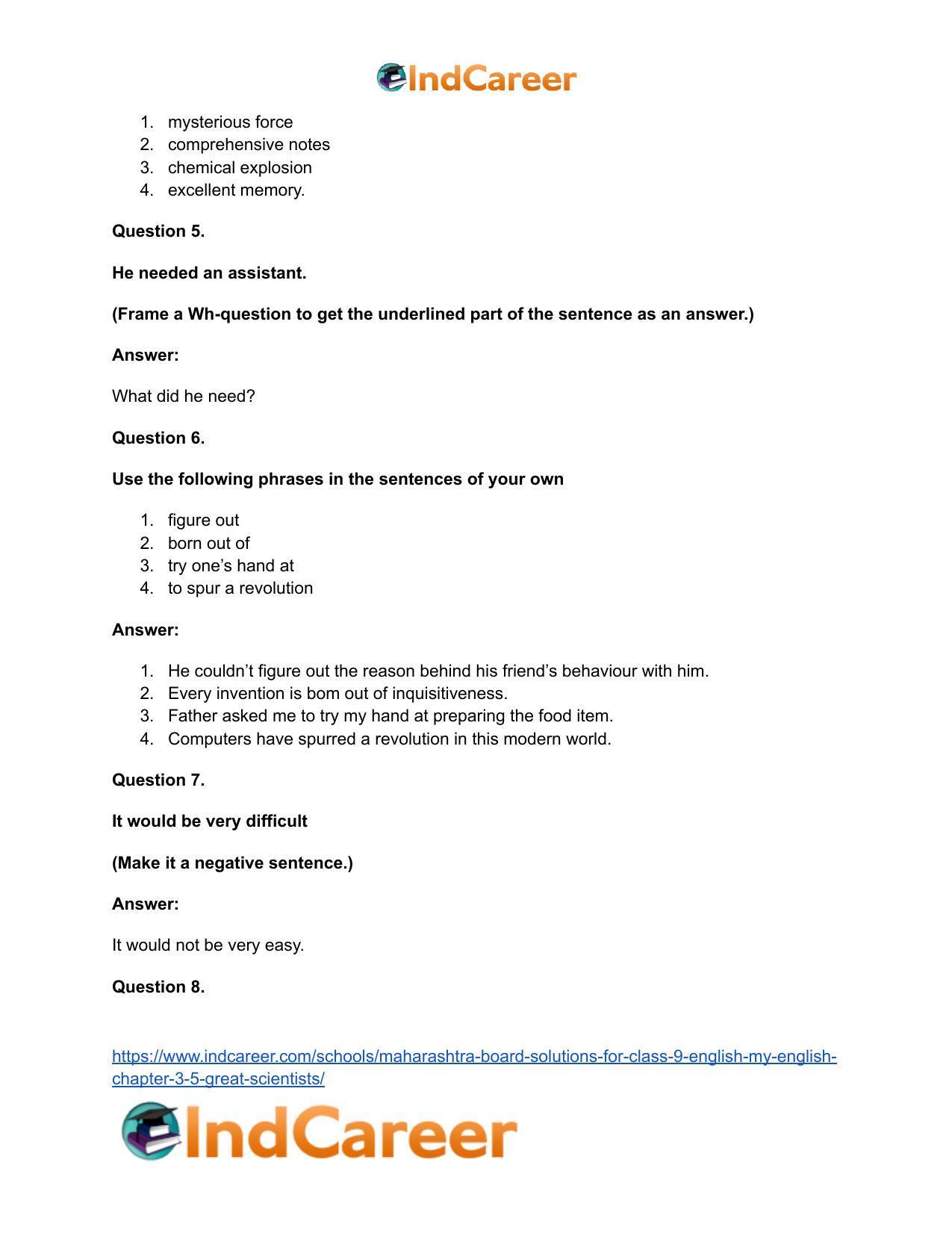 Maharashtra Board Solutions for Class 9- English (My English): Chapter 3.5- Great Scientists - Page 16