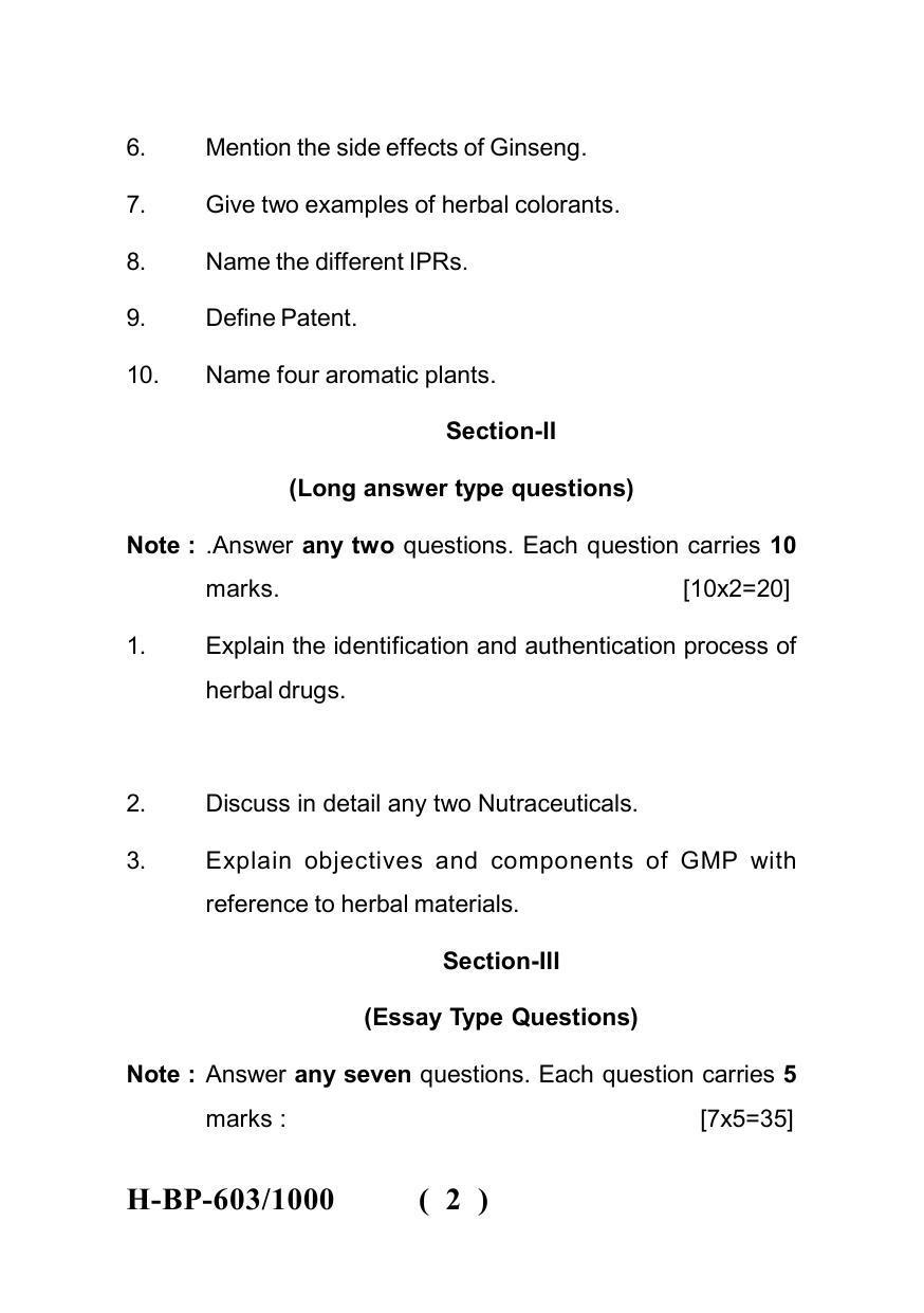 Sarguja University Question Paper July-2022 : Bachelor Of Pharmacy(Sem.-VI) Herbal Drugs Technology Paper 1 - Page 2