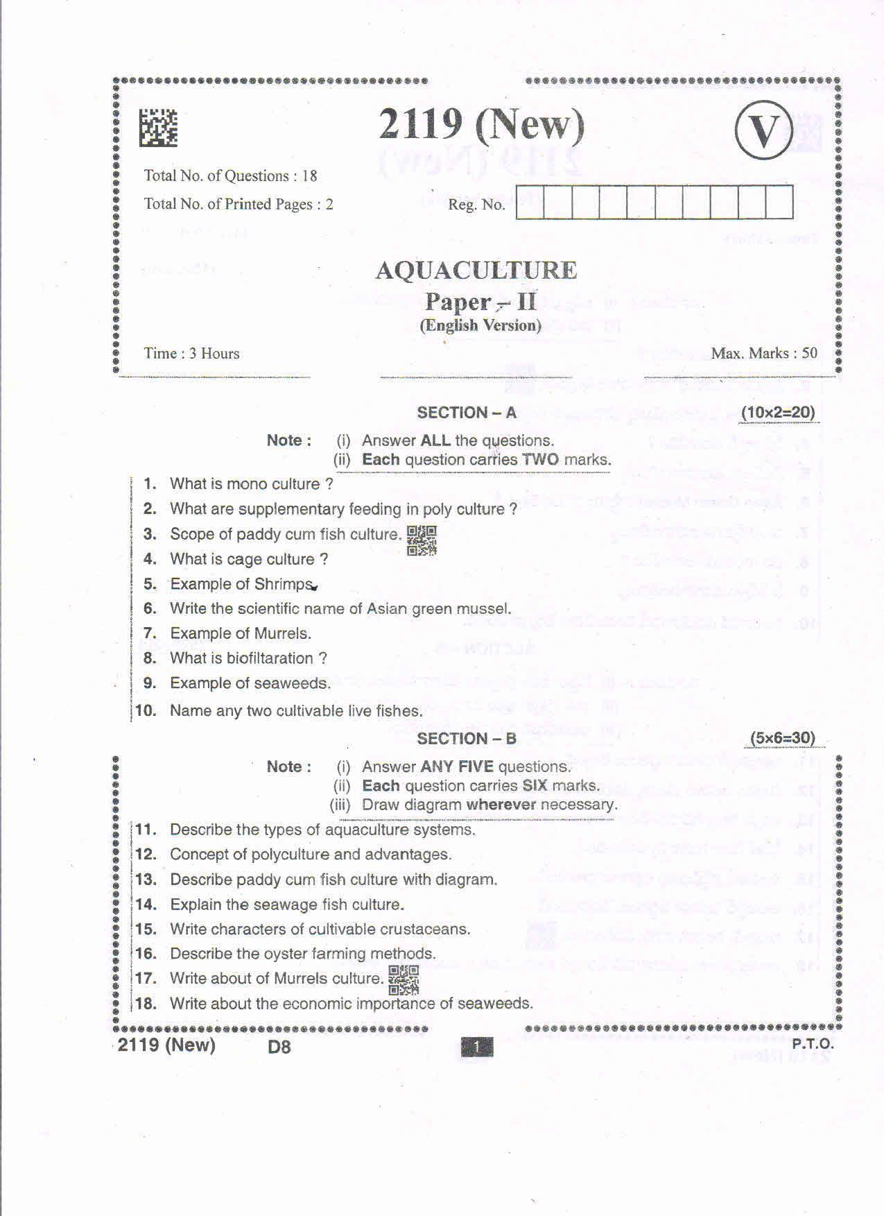 AP Intermediate 2nd Year Vocational Question Paper September-2021- Aqua_Culture(NEW)-II - Page 1