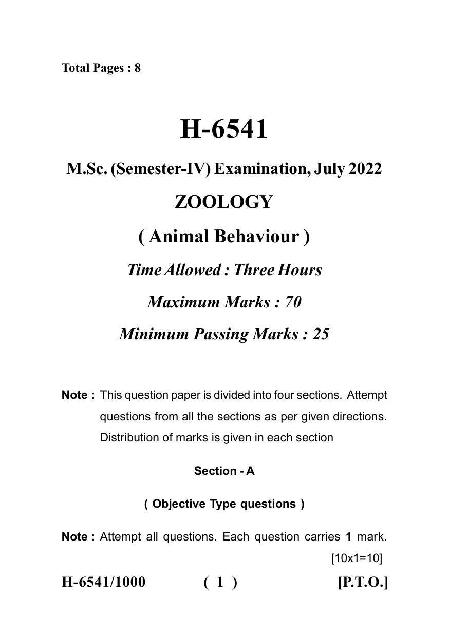 Sarguja University Question Paper July-2022 : M.Sc. In Zoology (Fourth sem.) Animal Behaviour Paper 1 - Page 1