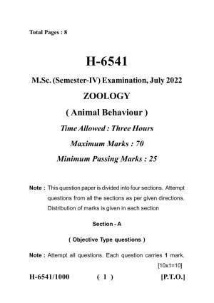 Sarguja University Question Paper July-2022 :  M.Sc. In Zoology  (Fourth sem.) Animal Behaviour Paper 1