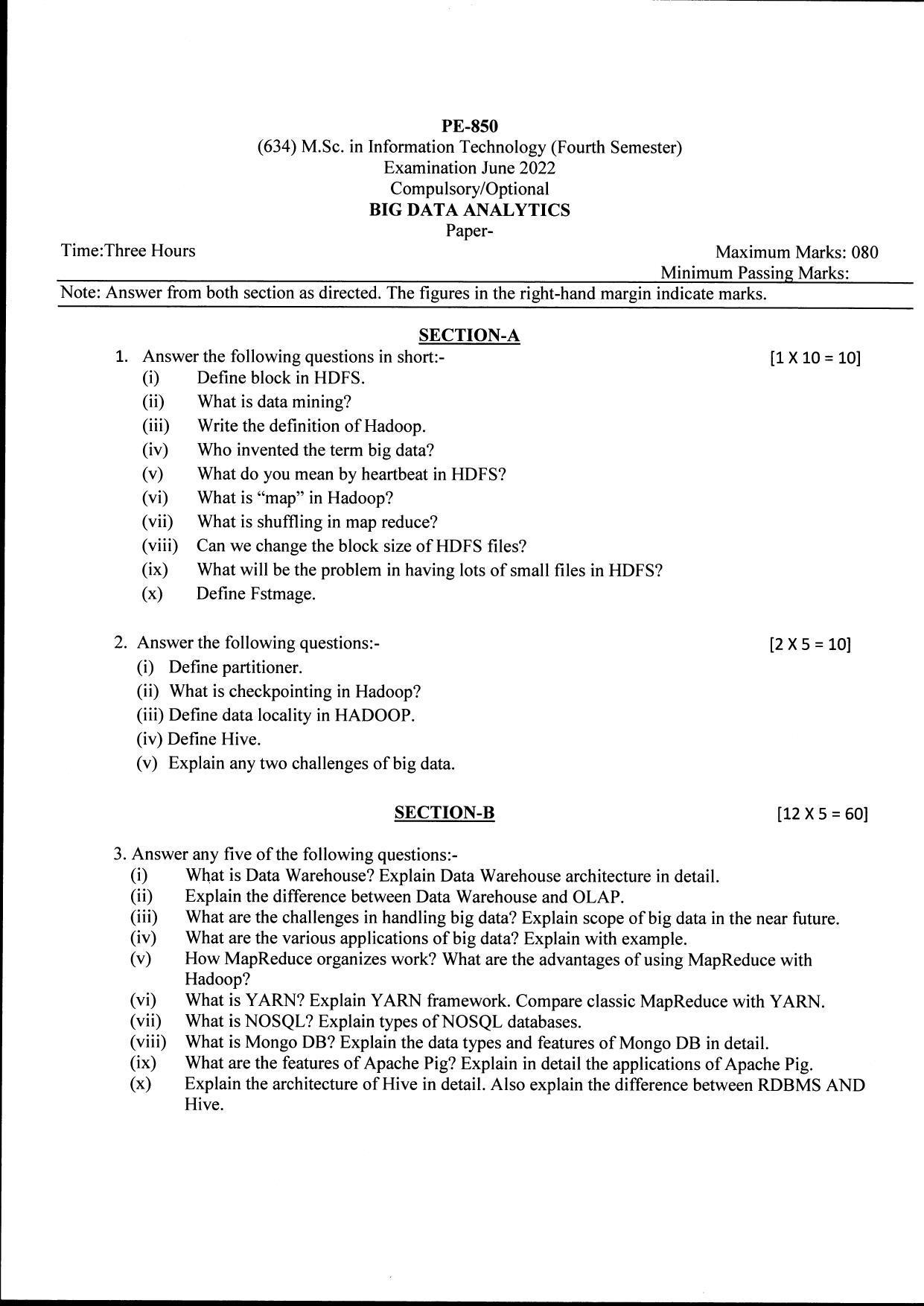 Bilaspur University Question Paper June 2022:Master Of Science In Information Technology (Fourth Semester) Big Data Analytics Paper 1 - Page 1