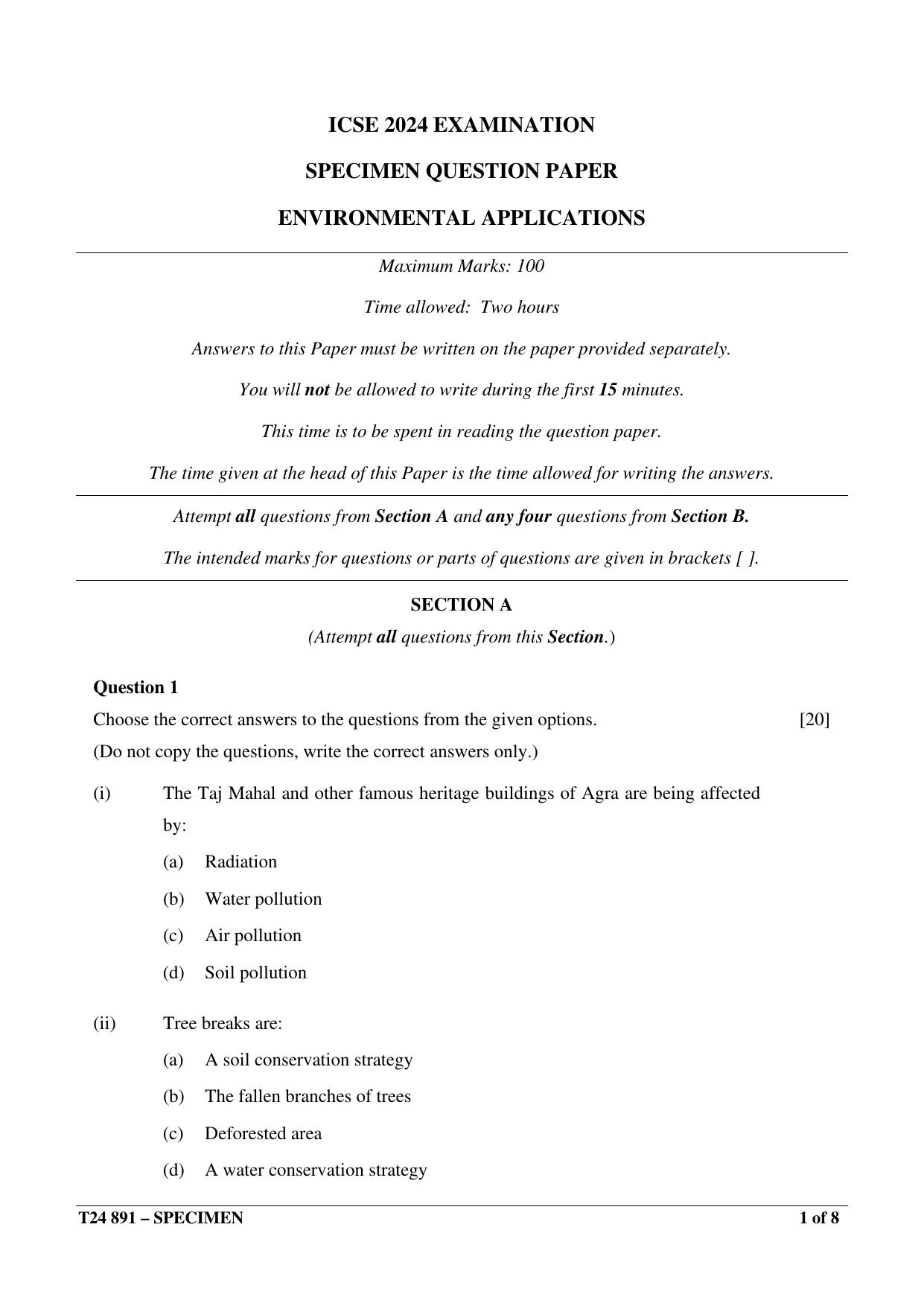 ICSE Class 10 2024 ENVIRONMENTAL APPLICATIONS Sample Paper - Page 1