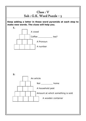 Worksheet for Class 5 General Knowledge Word Pune Assignment