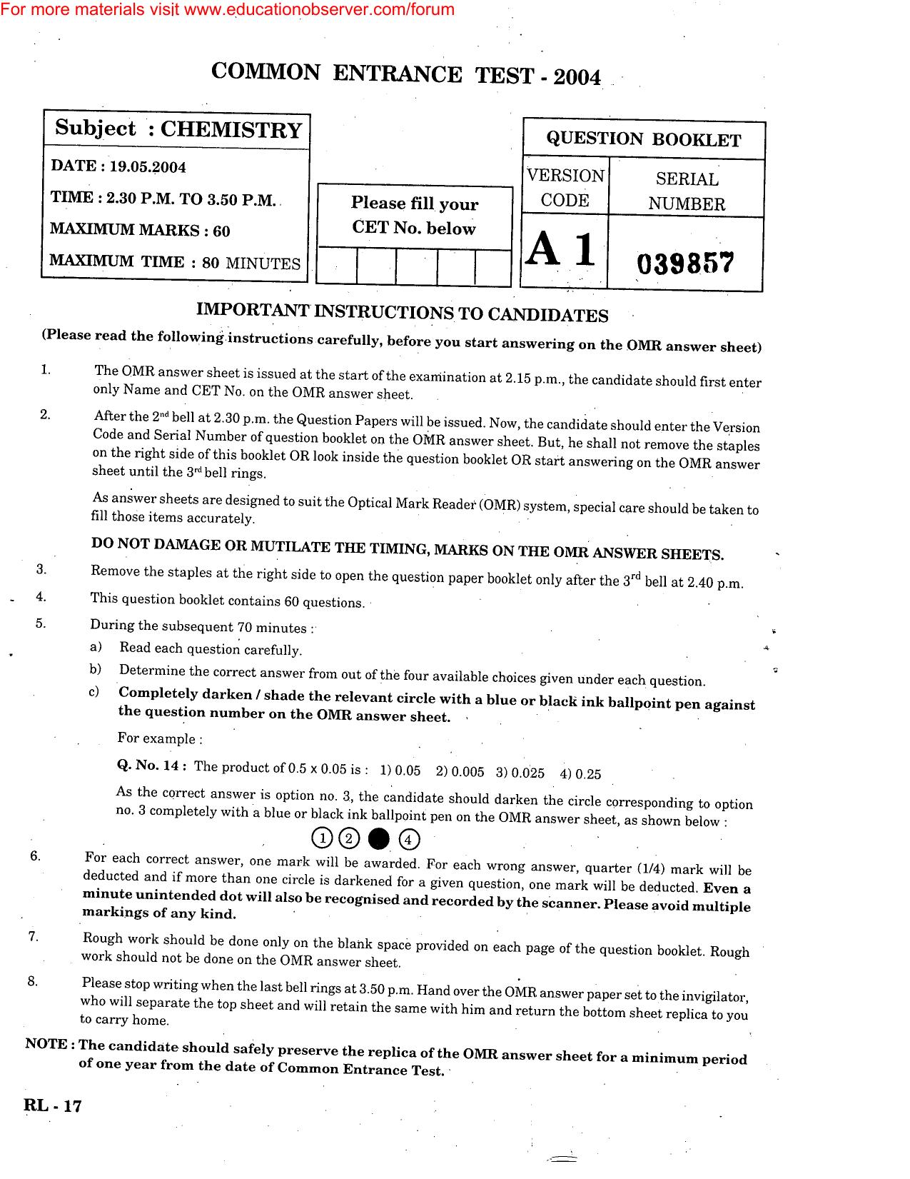KEAM Paper II 2004 Question Paper - Page 1