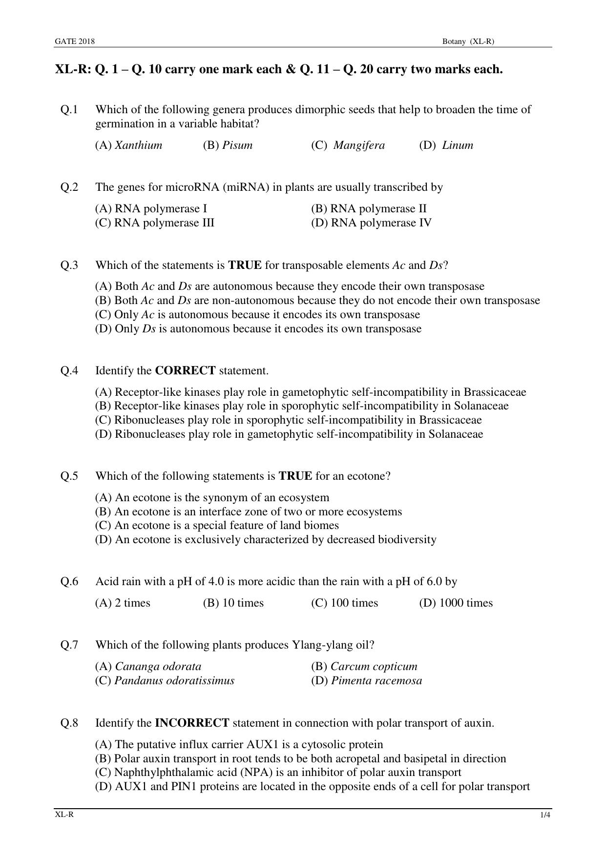 GATE 2018 Life Sciences (XL) Question Paper with Answer Key - Page 10