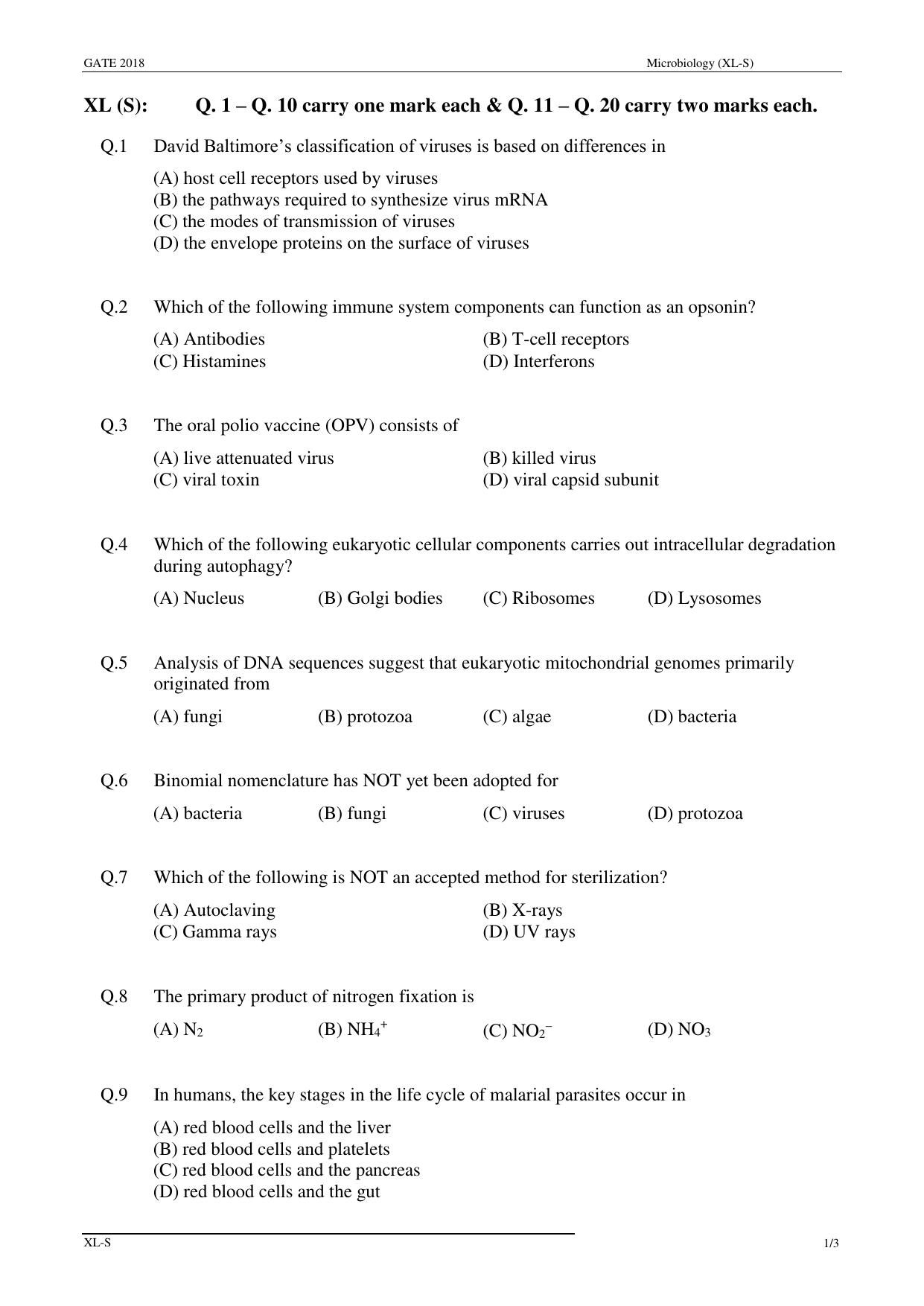 GATE 2018 Life Sciences (XL) Question Paper with Answer Key - Page 14