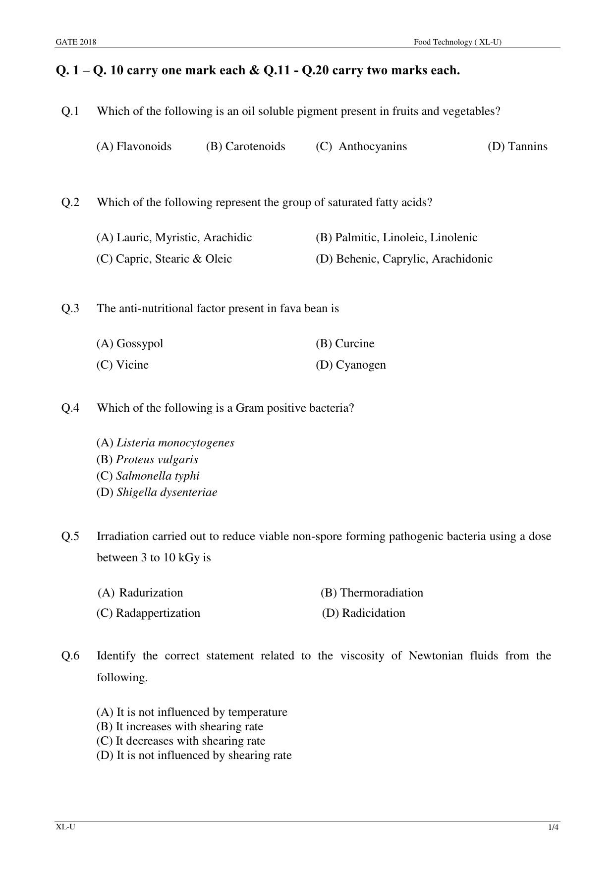 GATE 2018 Life Sciences (XL) Question Paper with Answer Key - Page 22