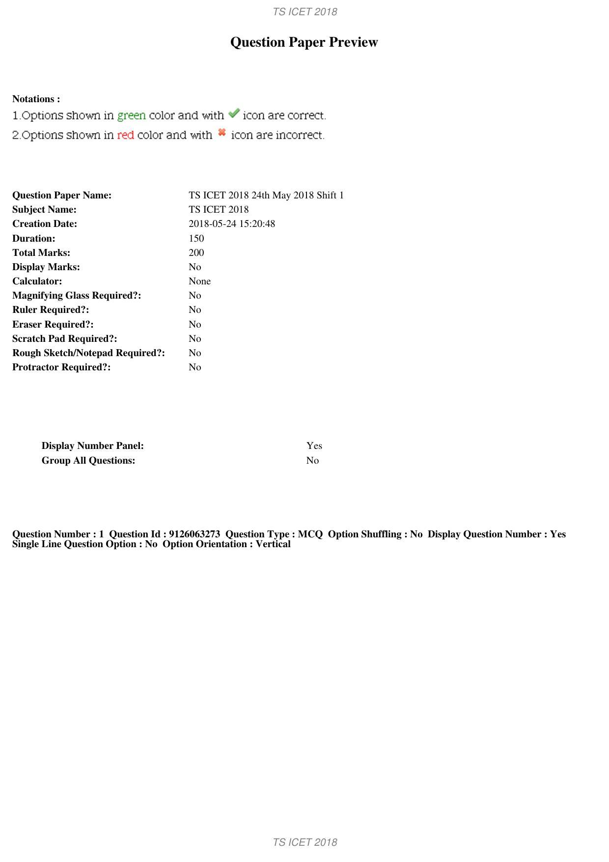 TS ICET 2018 Question Paper 1 - May 23, 2018	 - Page 1