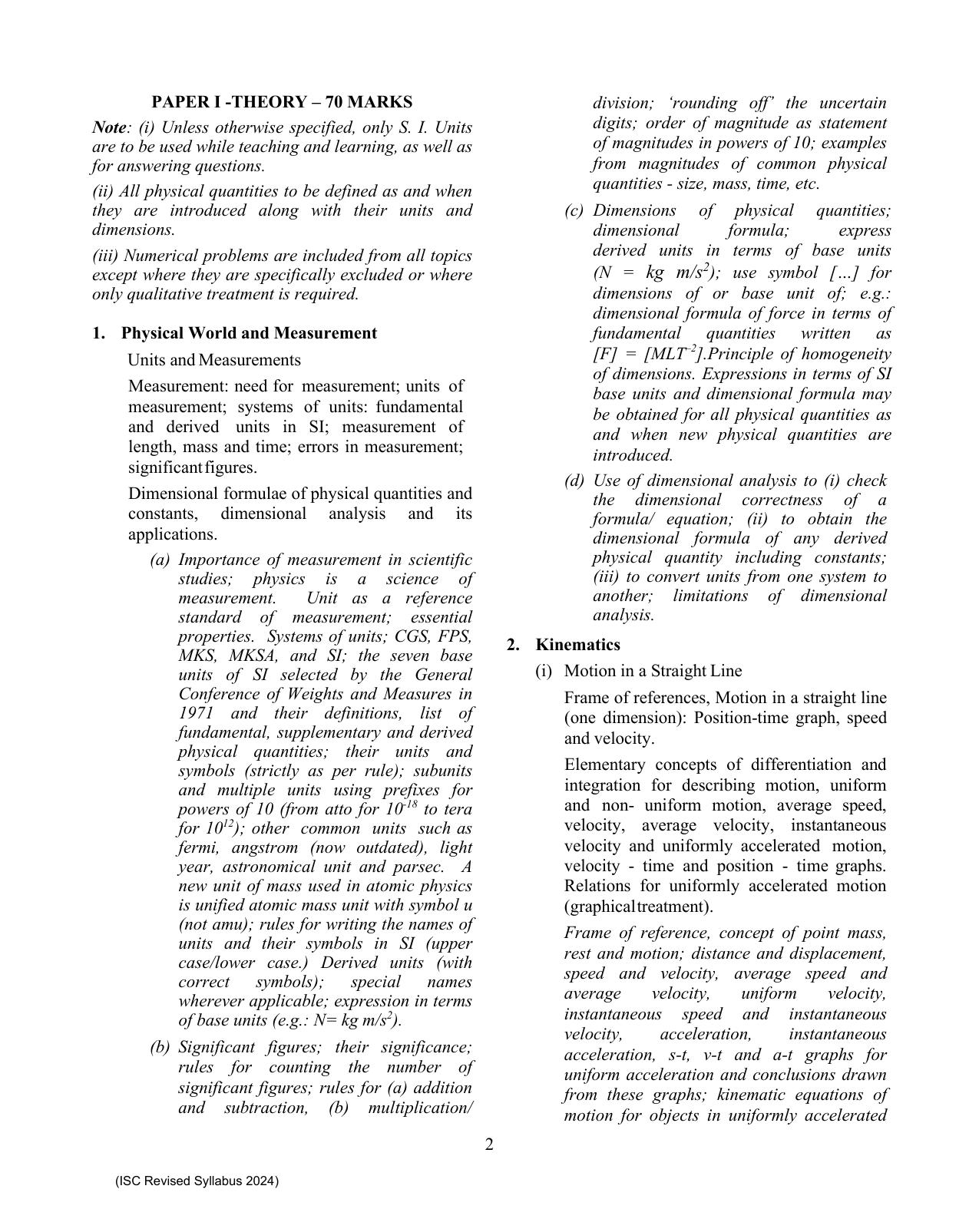 ISC Class XI Physics 2025 Syllabus - Page 2