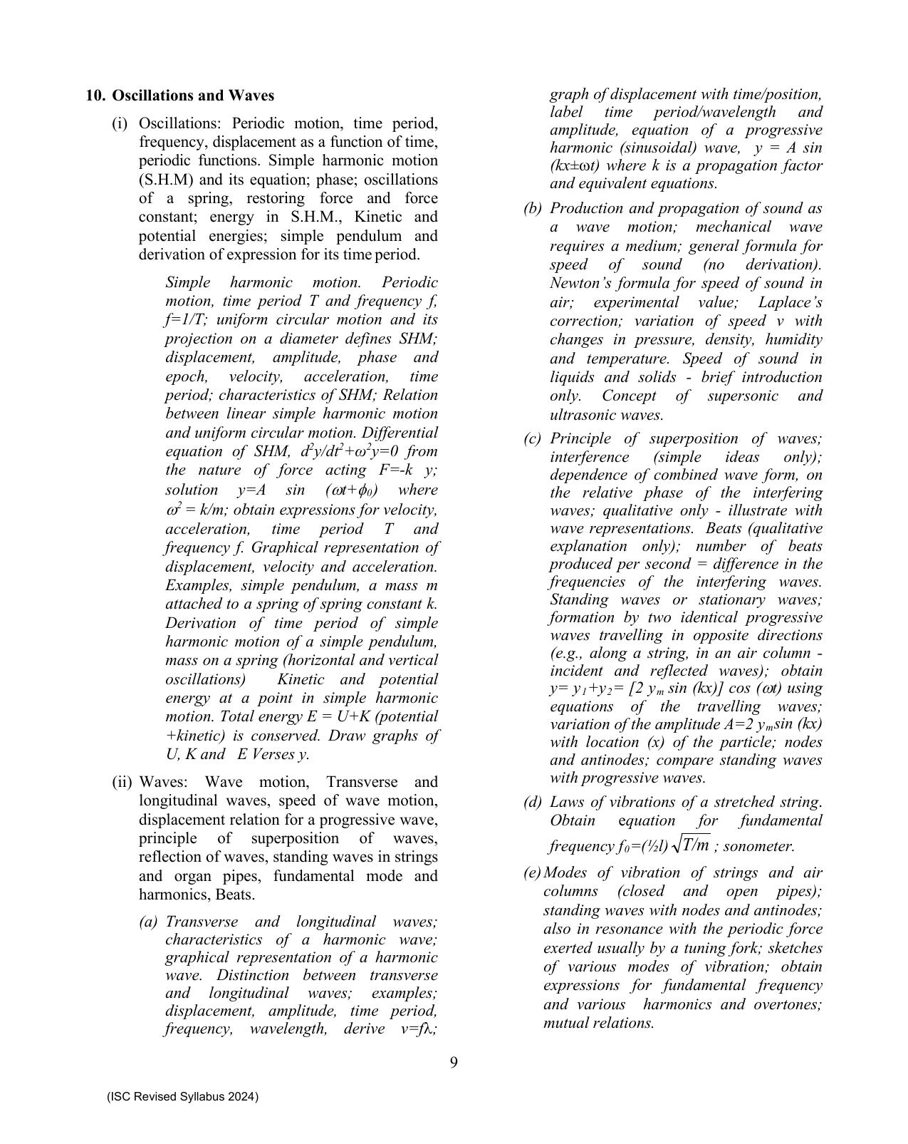 ISC Class XI Physics 2025 Syllabus - Page 9