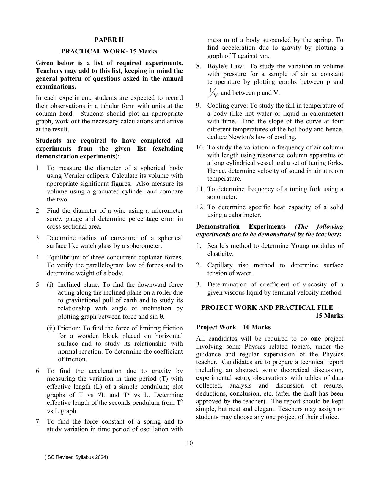 ISC Class XI Physics 2025 Syllabus - Page 10