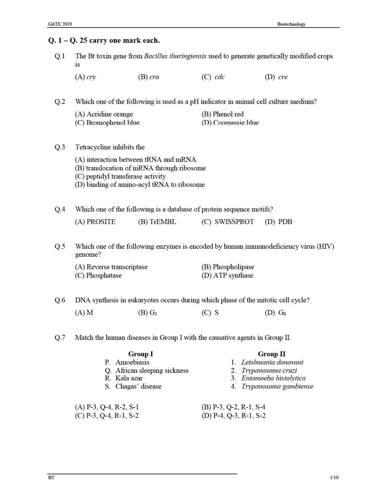 GATE 2019 Biotechnology (BT) Question Paper - Page 4