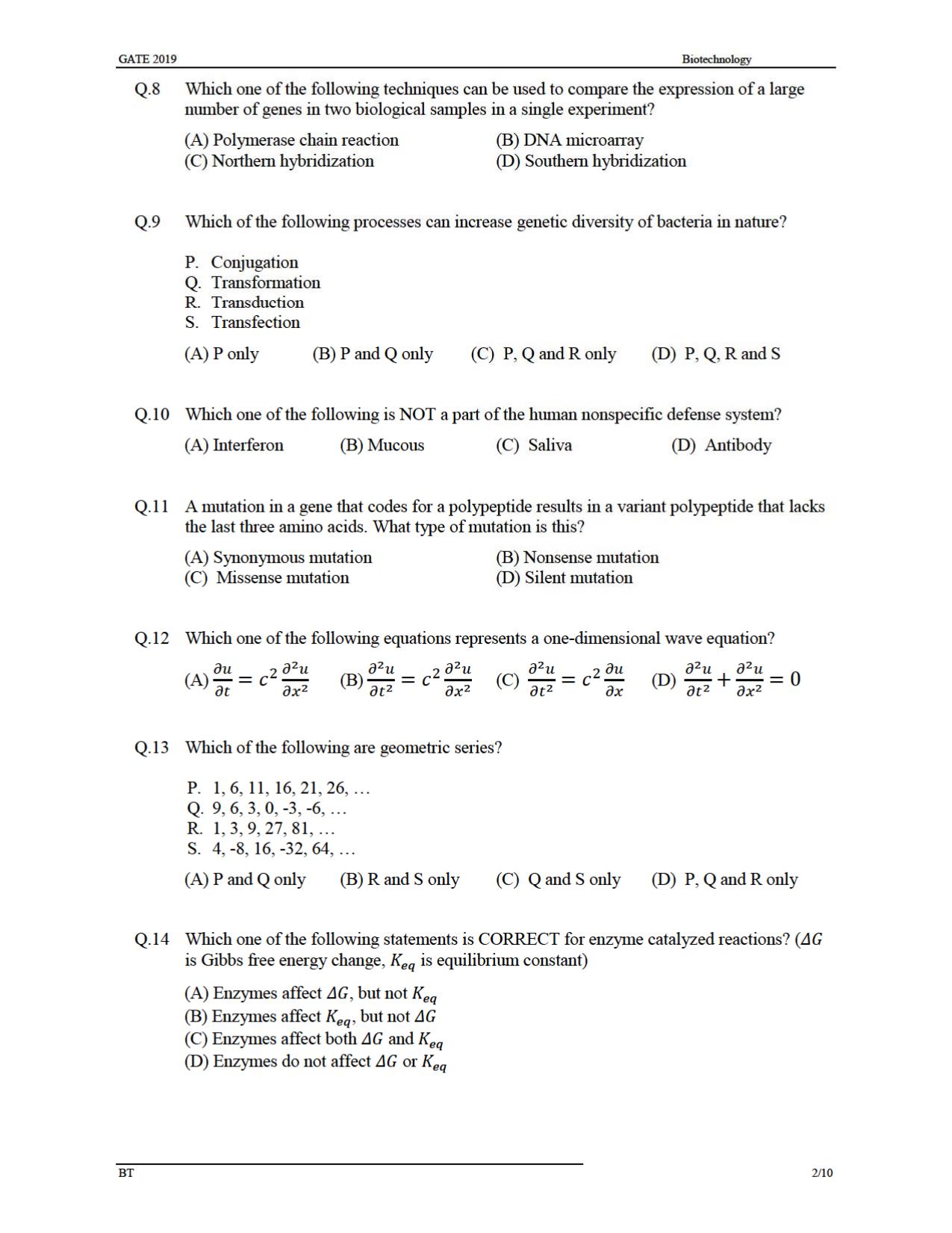 GATE 2019 Biotechnology (BT) Question Paper - Page 5