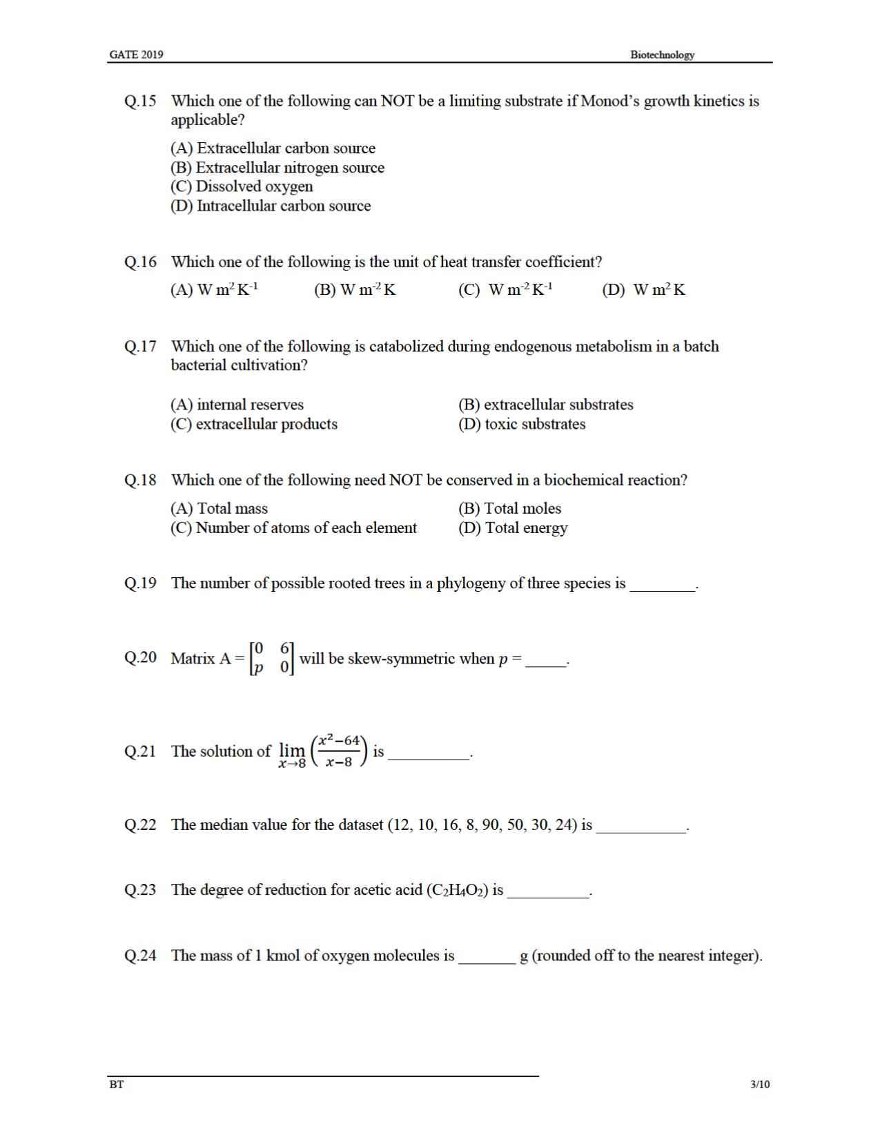 GATE 2019 Biotechnology (BT) Question Paper - Page 6