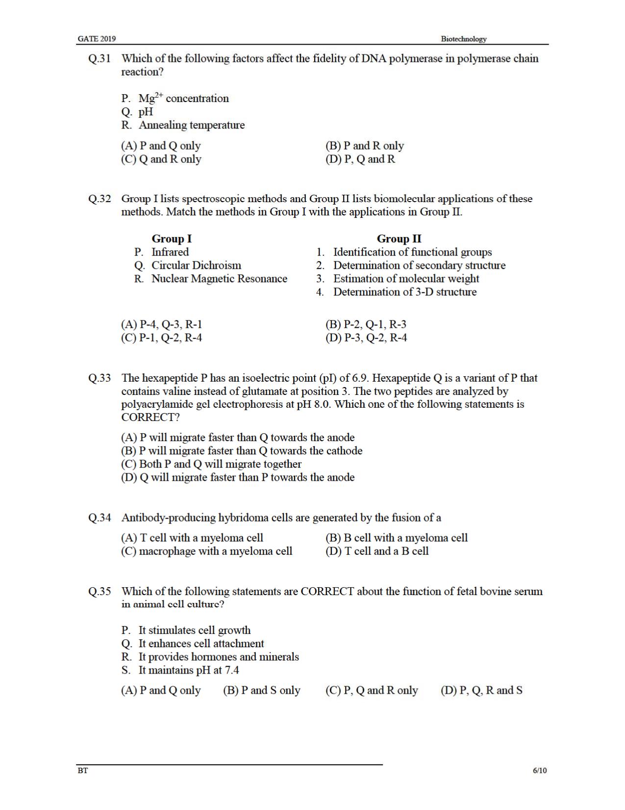 GATE 2019 Biotechnology (BT) Question Paper - Page 9