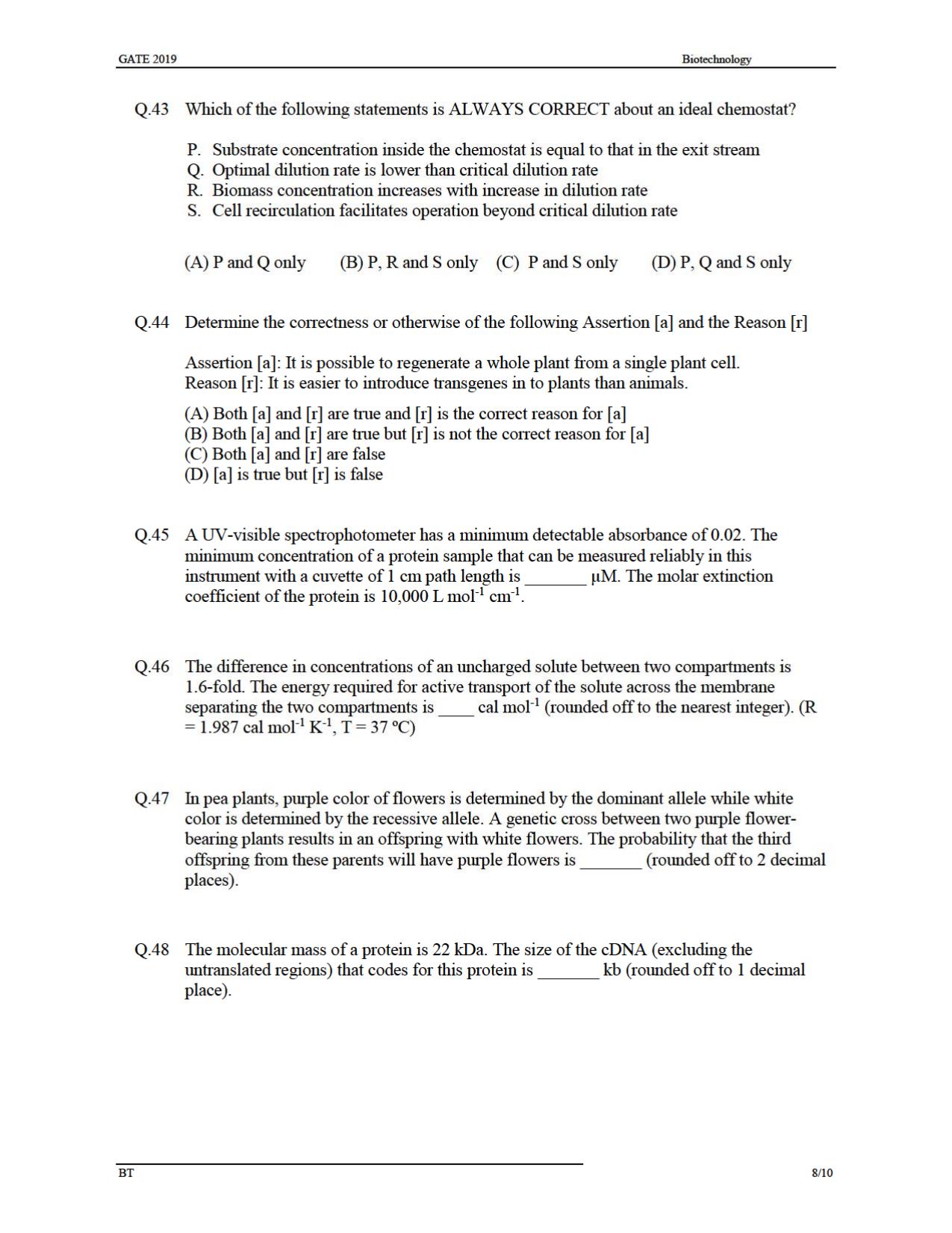GATE 2019 Biotechnology (BT) Question Paper - Page 11