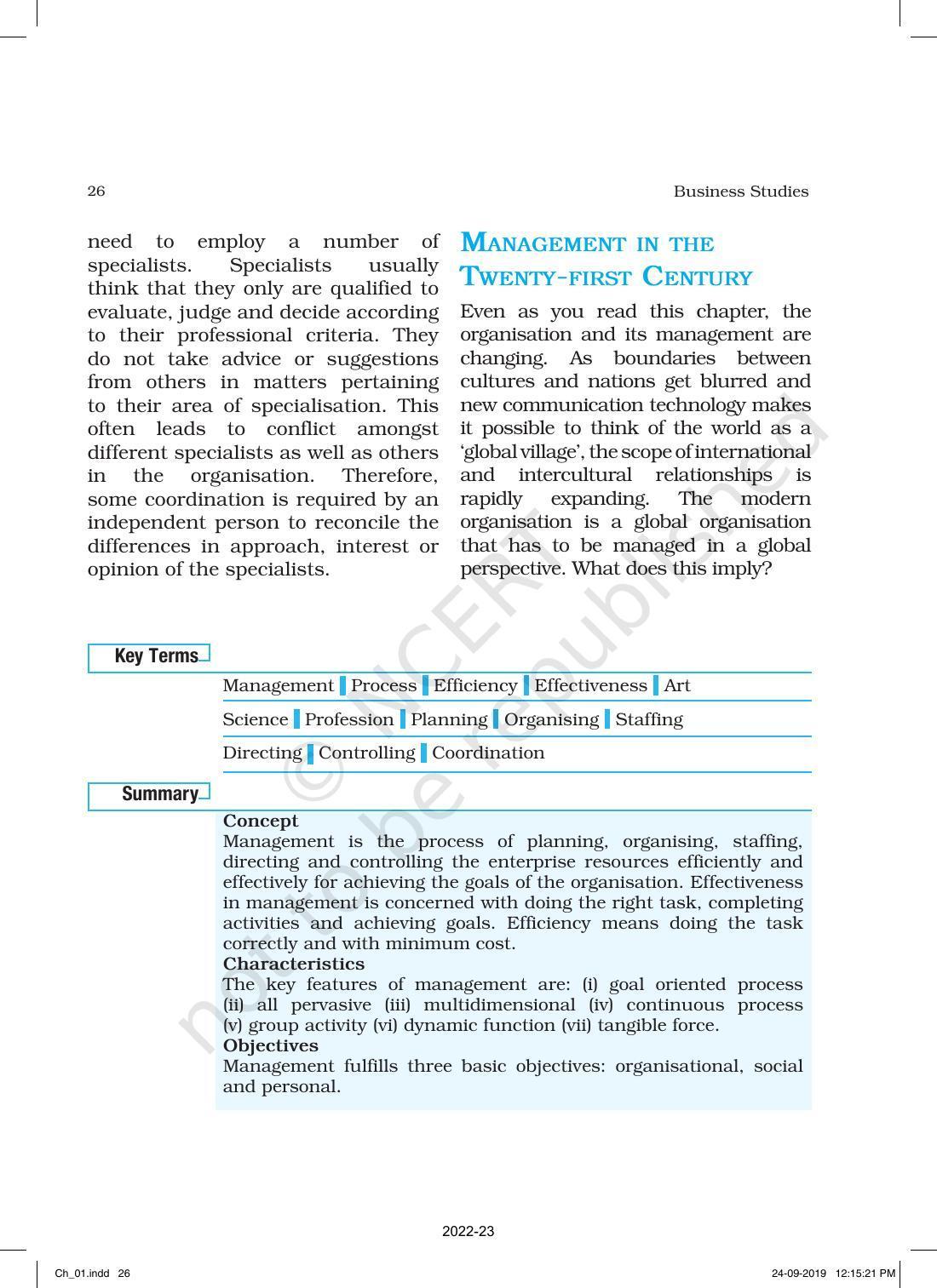 NCERT Book for Class 12 Business Studies Chapter 1 Nature and Significance of Management - Page 26