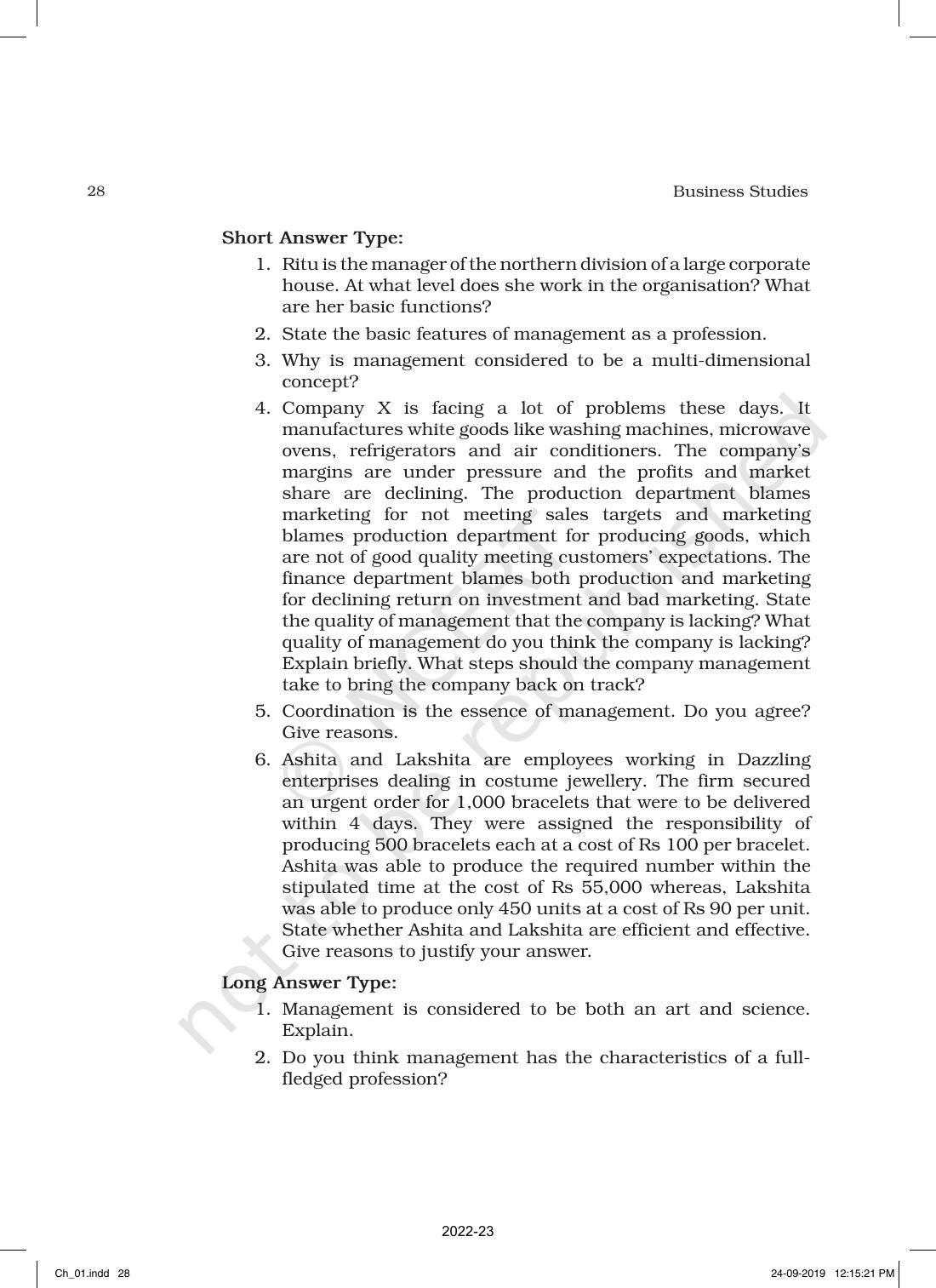NCERT Book for Class 12 Business Studies Chapter 1 Nature and Significance of Management - Page 28