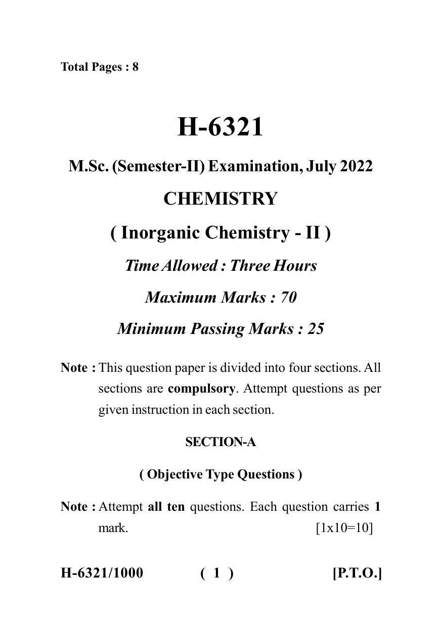 Sarguja University Question Paper July-2022 : M.Sc. Chemistry(Second Sem.) Inorganic Chemistry 2 Paper 1 - Page 1