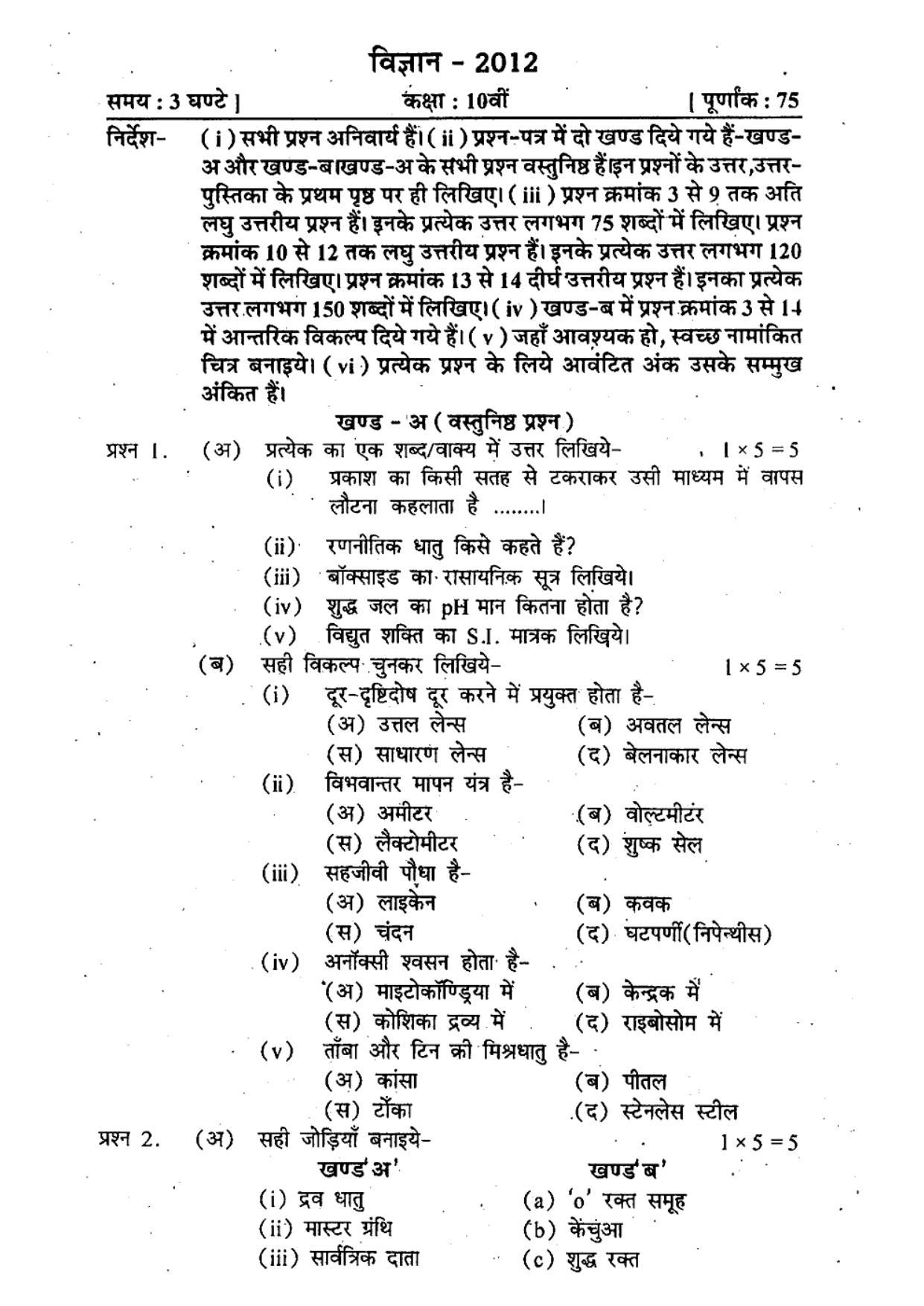 MP Board Class 10 Science (Hindi Medium) 2012 Question Paper - Page 1