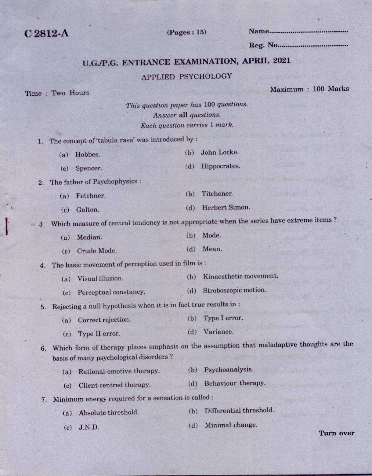 CUCAT 2021 M.Sc. Applied Psychology Question Paper - Page 1