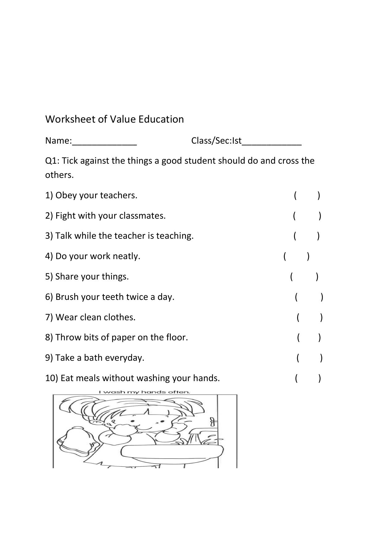 Worksheets for Class 1 Moral Science - Page 1