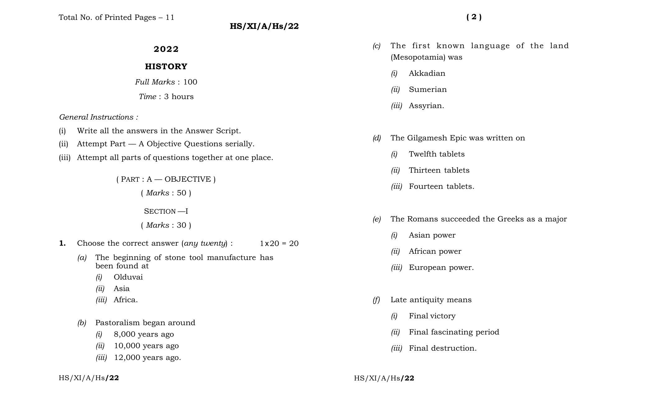 Meghalaya Board (MBOSE) Class 11 History (theory) 2022 Question Paper - Page 1