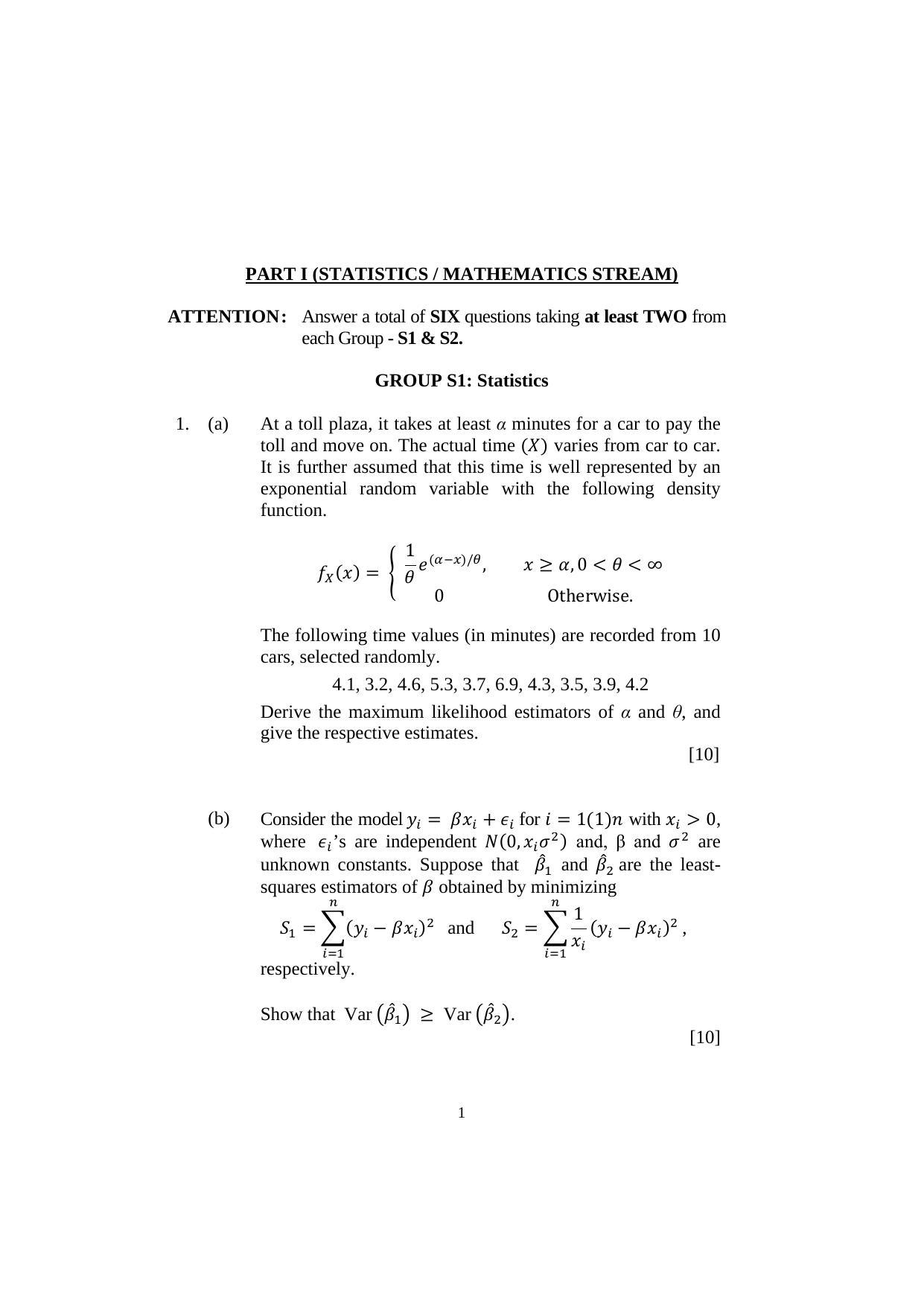 ISI Admission Test M.Tech (QROR) PQB 2020 Sample Paper - Page 1