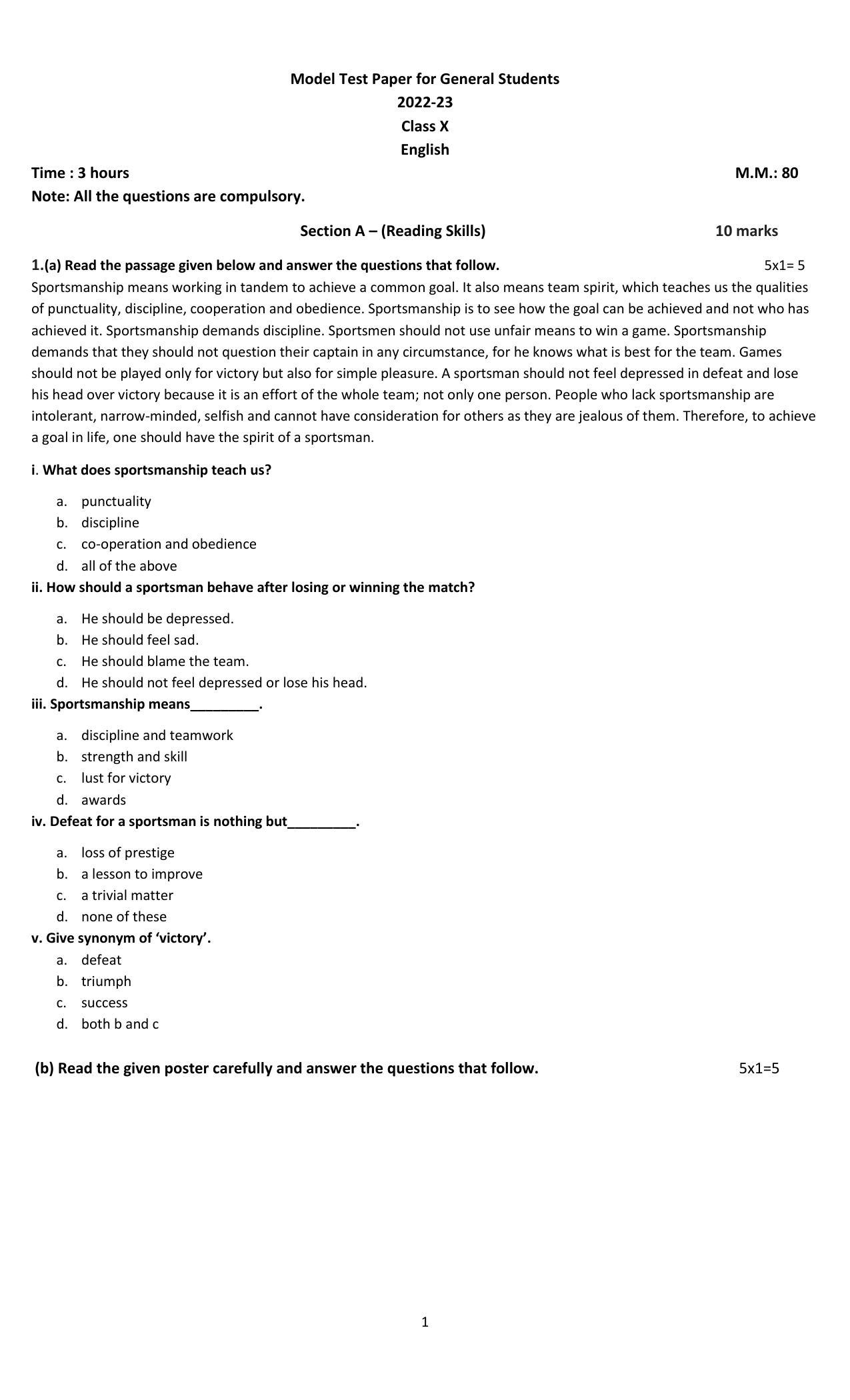 PSEB Class 10 English Model Papers - Page 1