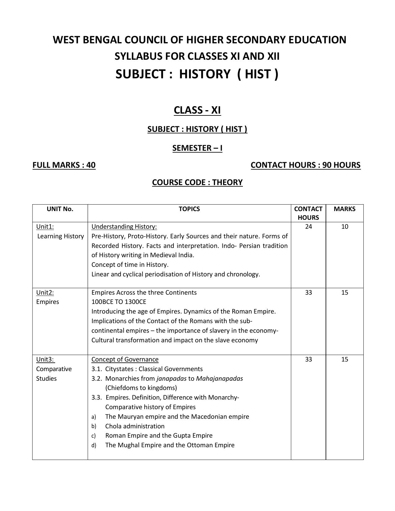 WBCHSE Class 11 & 12 Syllabus for History (HIST) (SET III) - Page 1