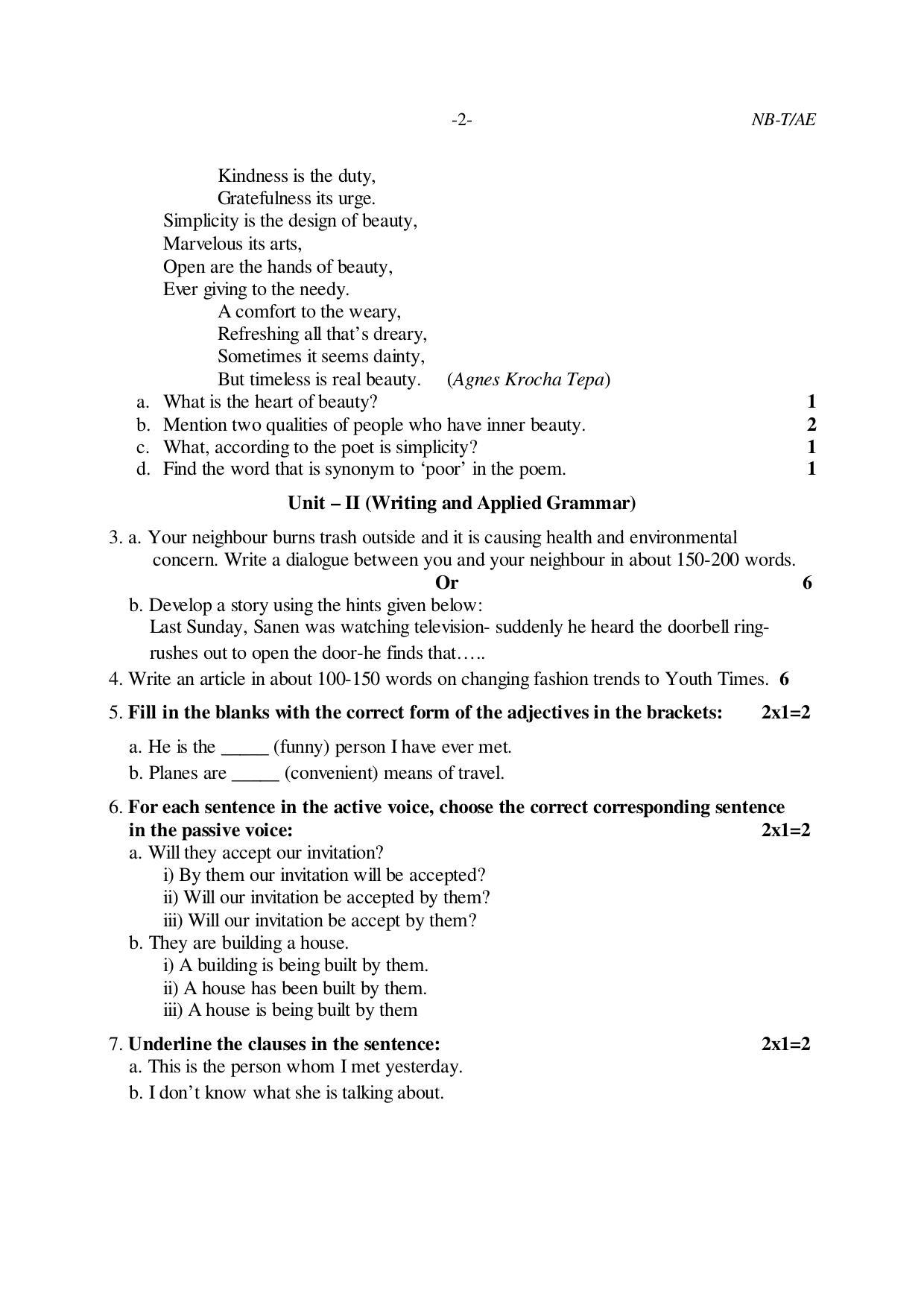 Nagaland Board Class 10 ALTERNATIVE ENGLISH 2019 Question Paper - Page 2