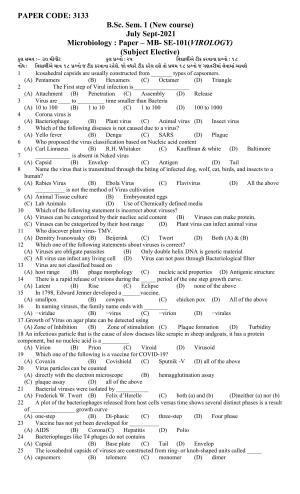 Hemchand North Gujarat University Sample Paper July-Sept 2021:  B.Sc. Sem. 1 MB- SE-101 Virology Paper Code - 3133 (New course)