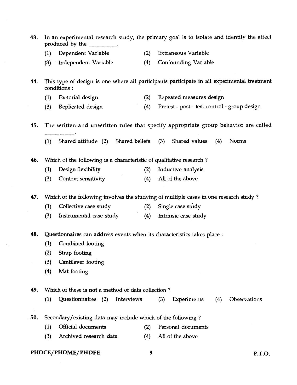 IGNOU PhD Entrance Test Ph.D. (Civil, Mechanical, Electrical Engineering) Programme 2016 Question Paper - Page 9